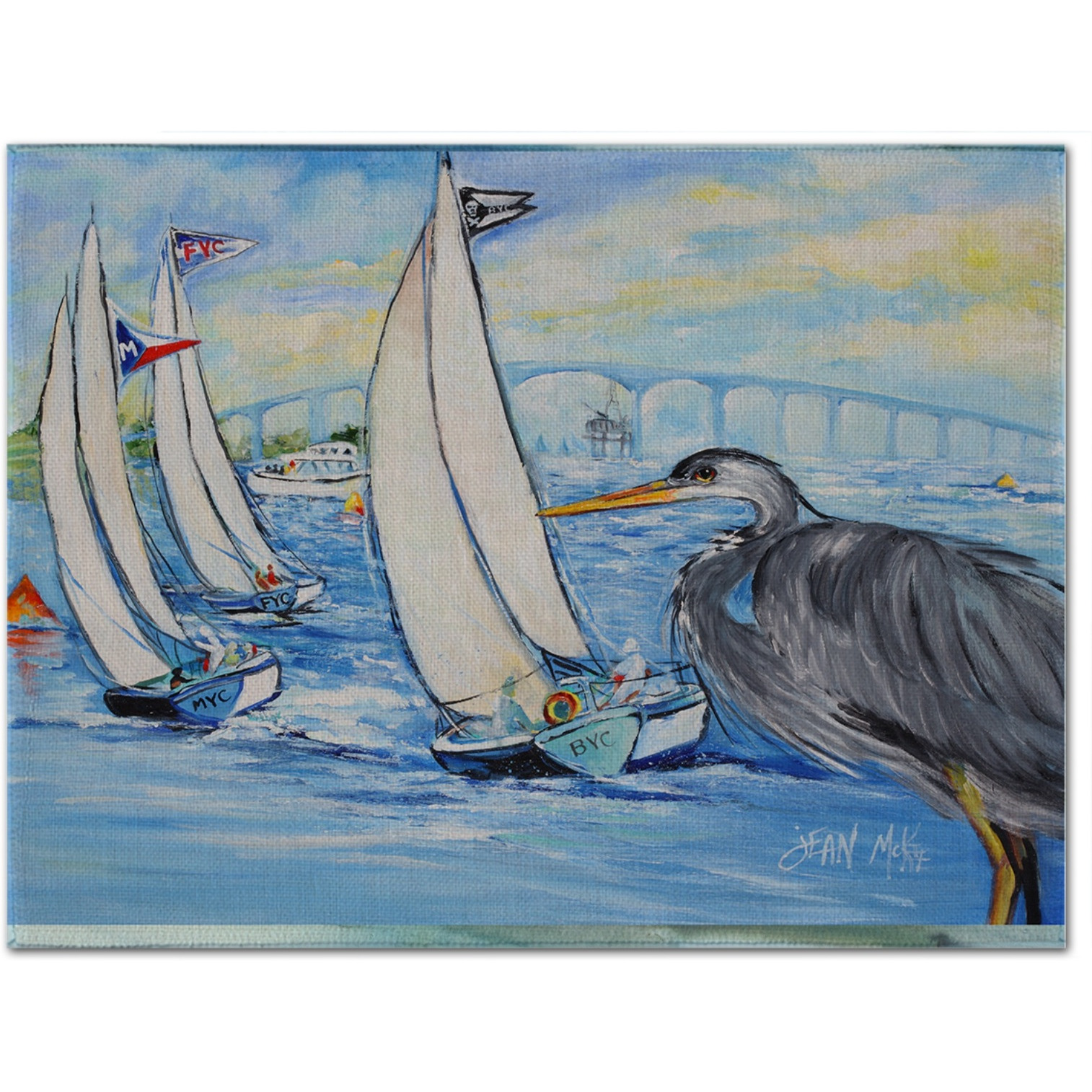 &quotCaroline's Treasures JMK1001PLMT Blue Heron Sailboats Dog River Bridge Fabric Placemat, Multicolor"