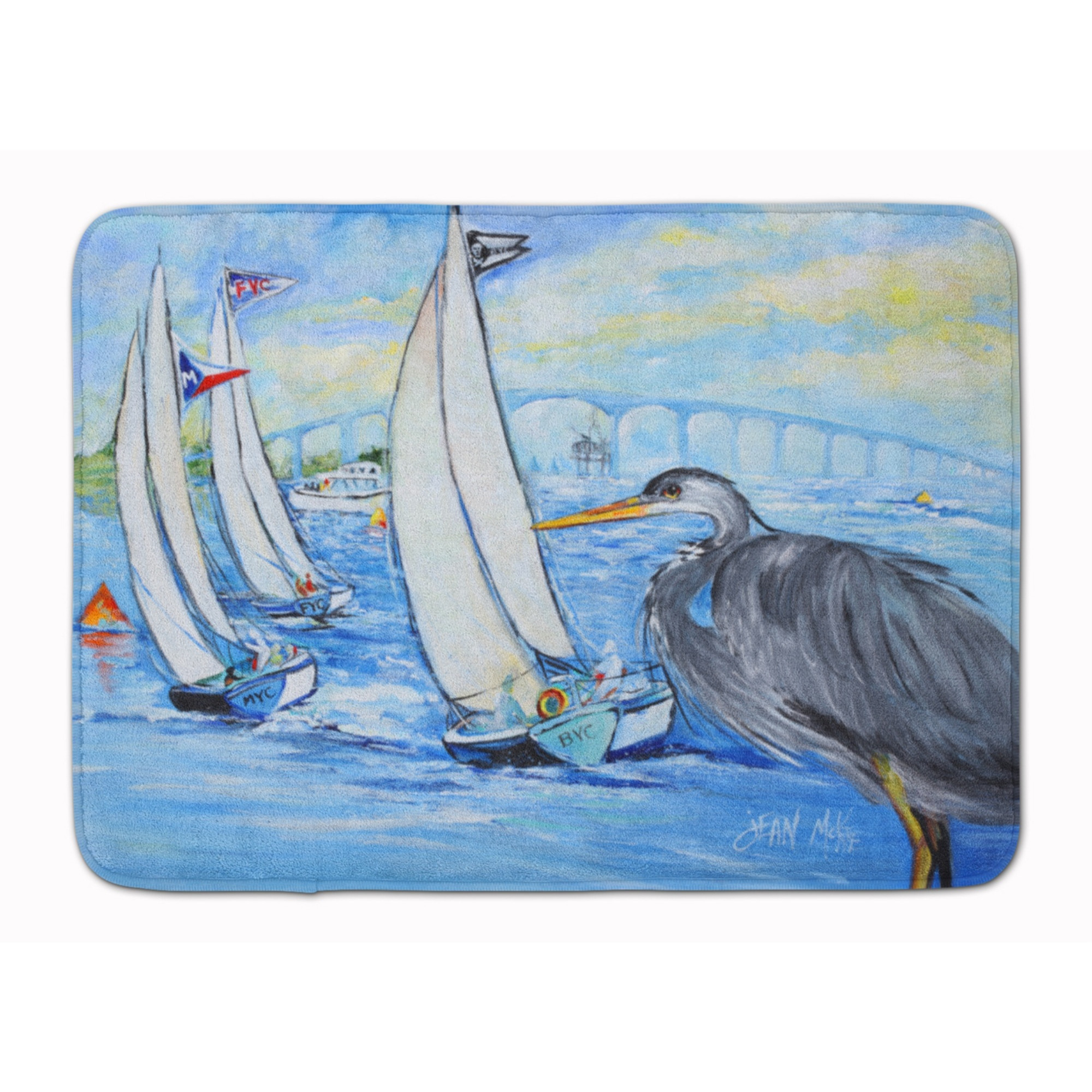 &quotCaroline's Treasures Blue Heron Sailboats Dog River Bridge Floor Mat, 19"" x 27"", Multicolor"
