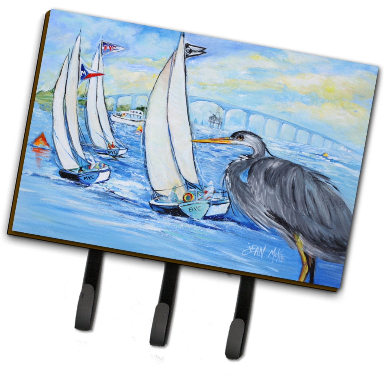 &quotCaroline's Treasures JMK1001TH68 Blue Heron Sailboats Dog River bridge Leash or Key Holder, Large, Multicolor"