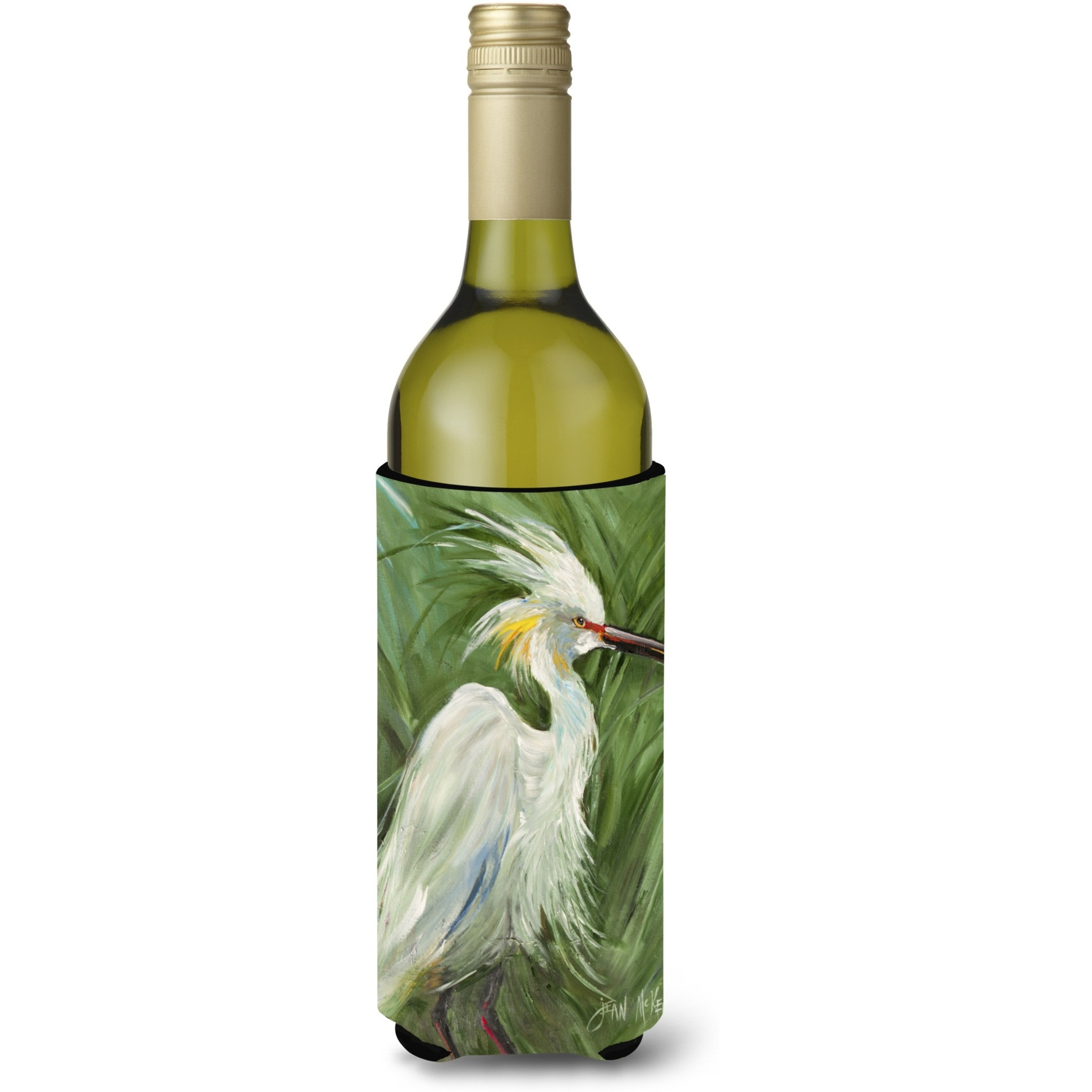 White Egret in Green grasses Wine Bottle Beverage Insulator Hugger JMK1141LITERK