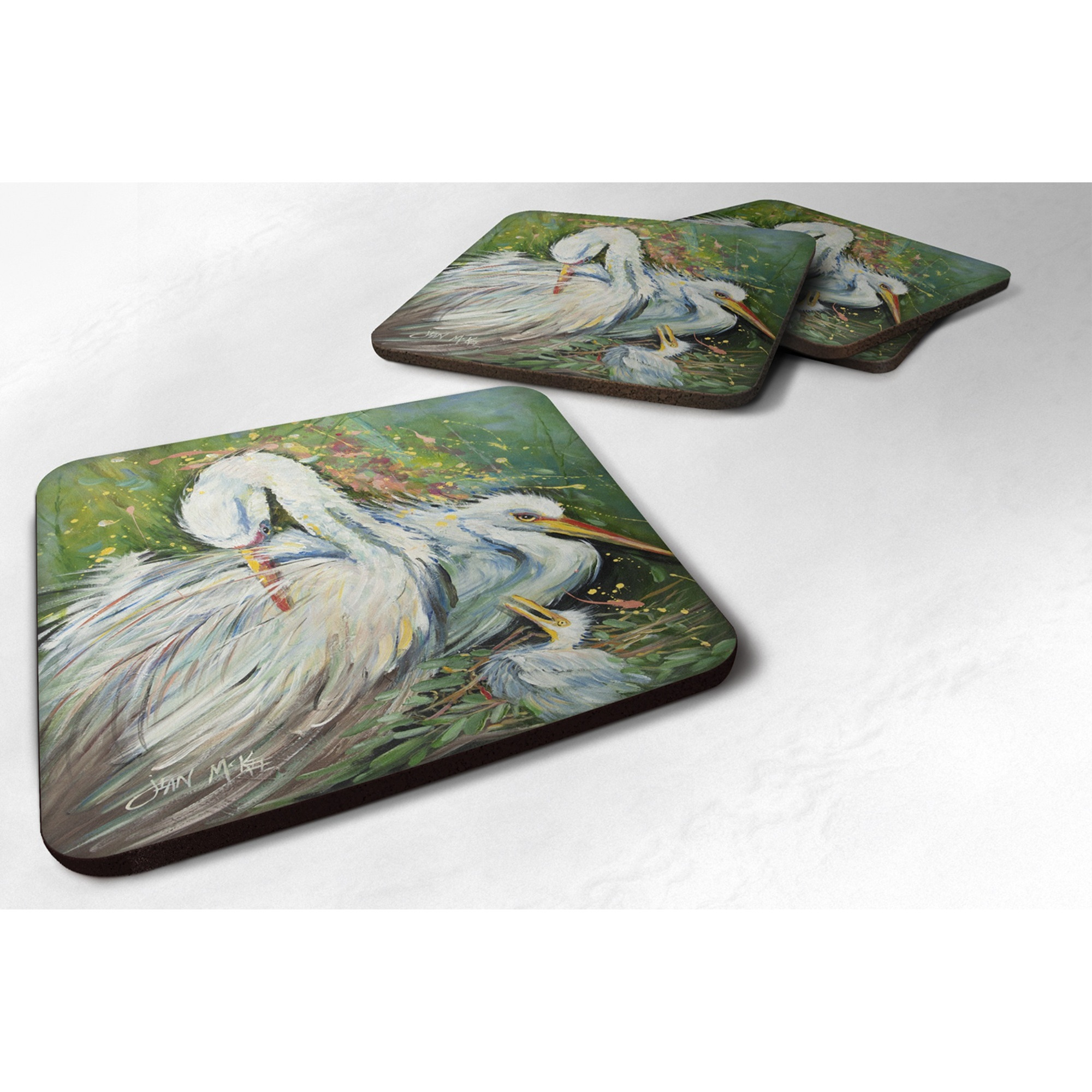 &quotCaroline's Treasures JMK1210FC White Egret in the Rain Foam Coaster (Set of 4), 3.5"" H x 3.5"" W, Multicolor"