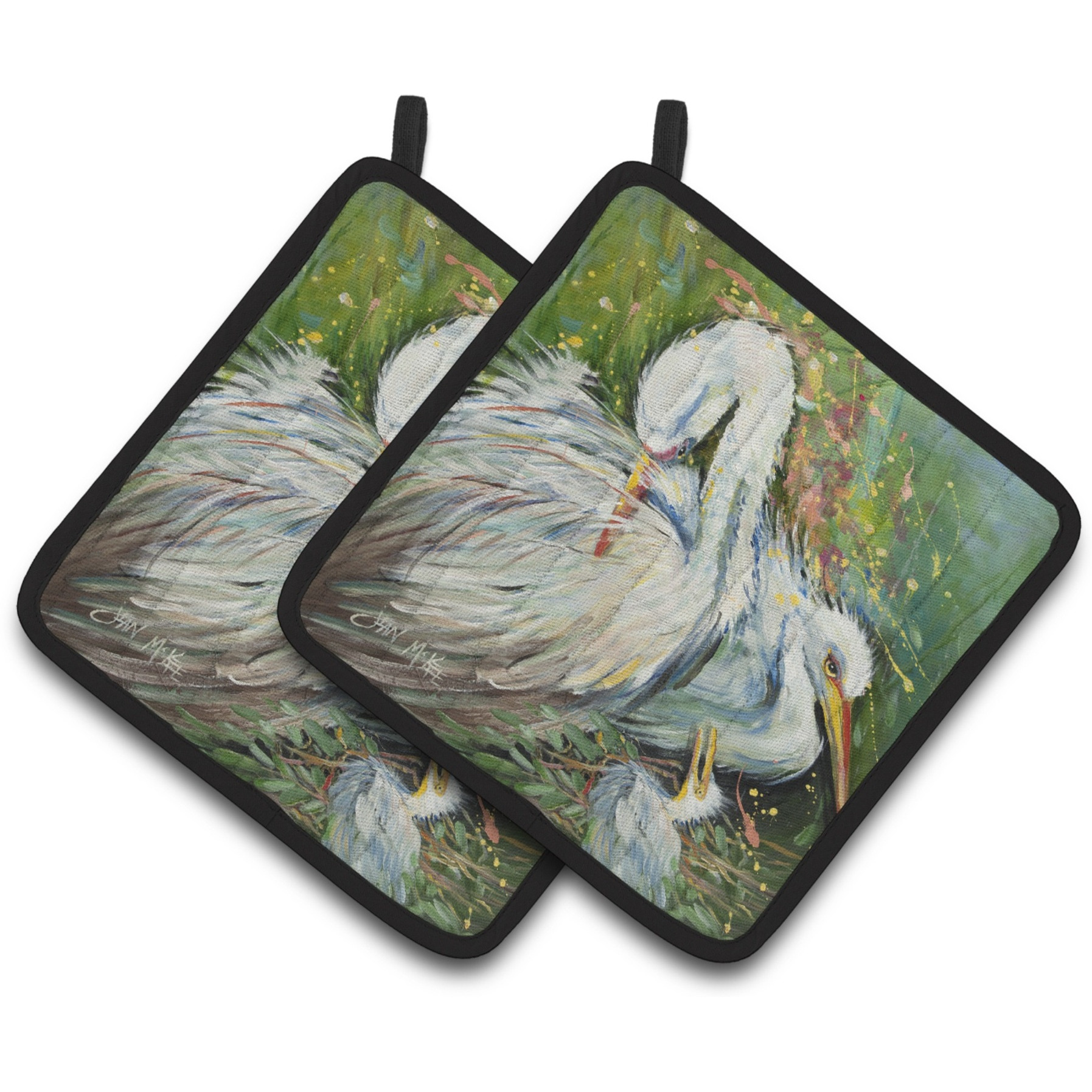 &quotCaroline's Treasures White Egret In the Rain Pair of Pot Holders JMK1210PTHD, 7.5HX7.5W, Multicolor"
