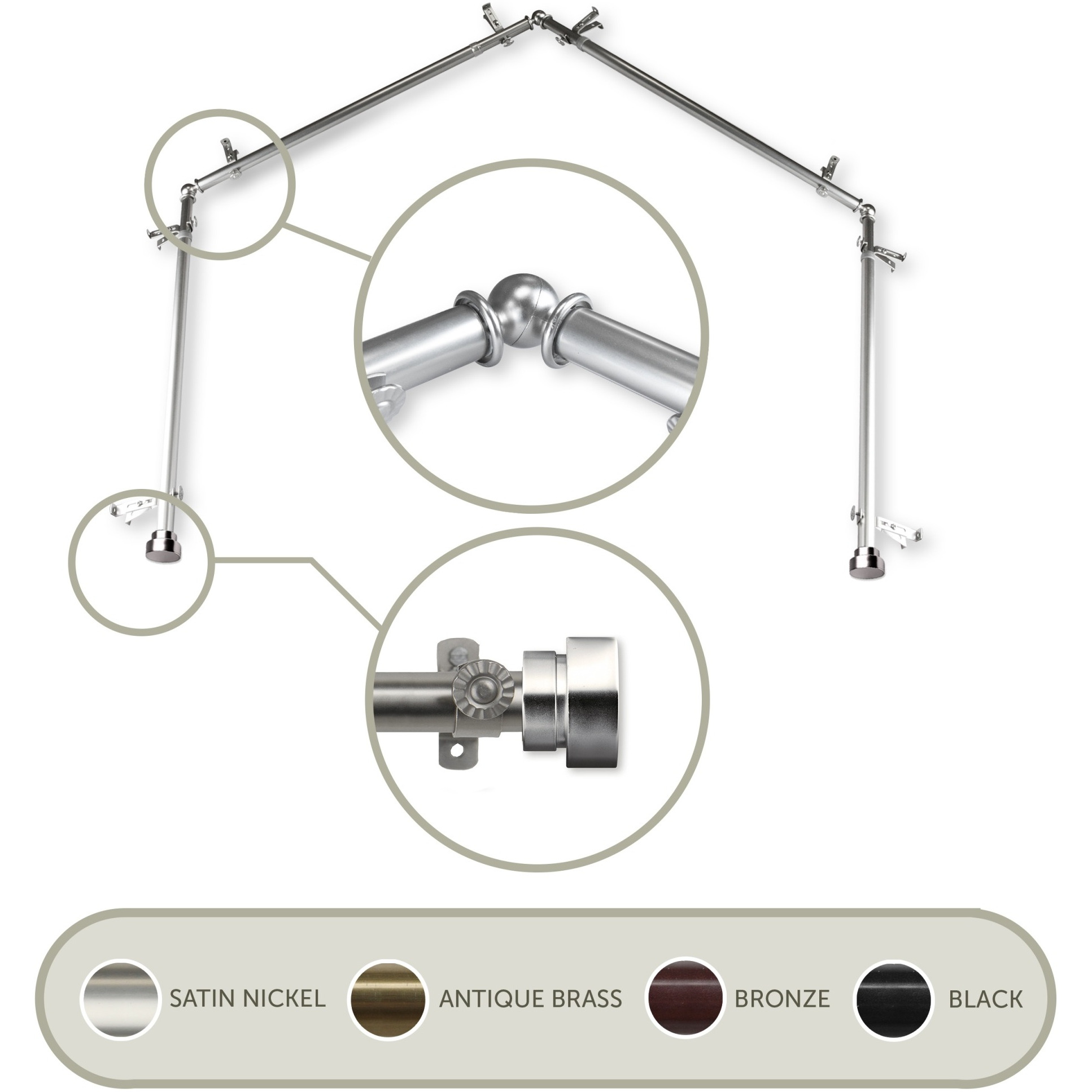Thornhill 13/16 inch 4-Sided Bay Window Curtain Rod - Satin Nickel
