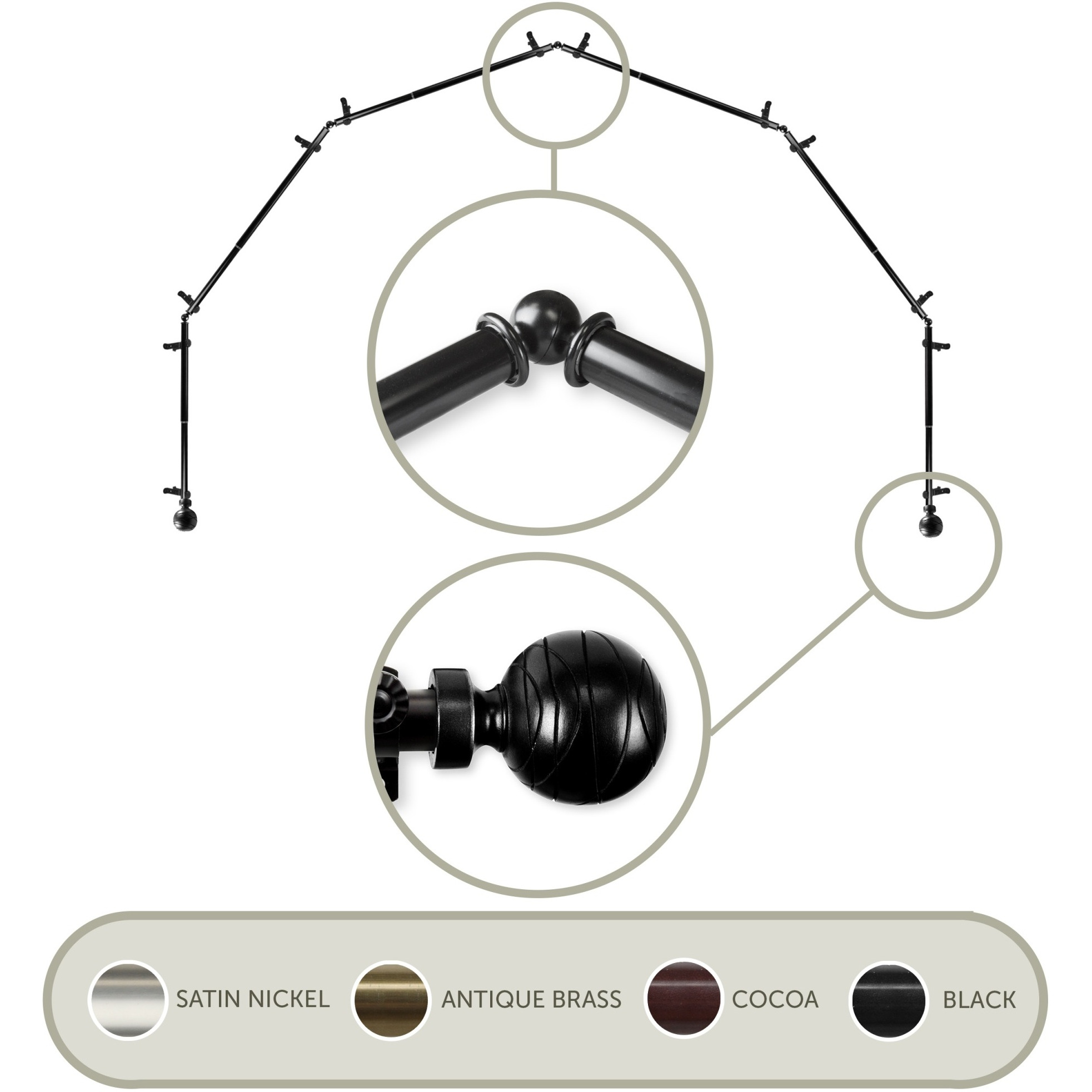 Lynn 13/16 inch 6-Sided Bay Window Curtain Rod - Black