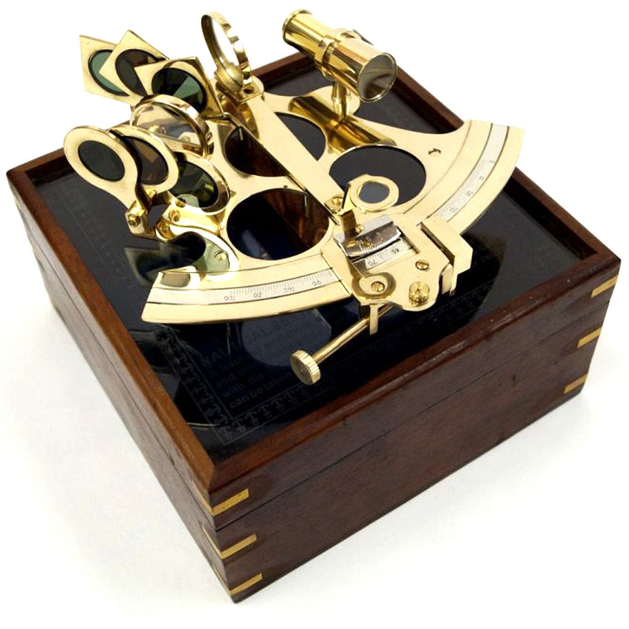 Brass Sextant 8" w/ Wood & Etched Glass Box