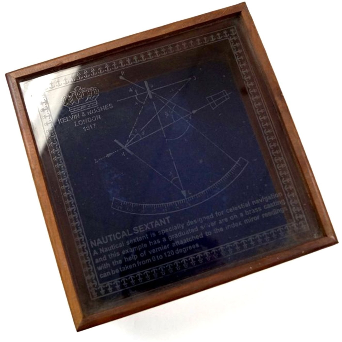 Brass Sextant 8" w/ Wood & Etched Glass Box