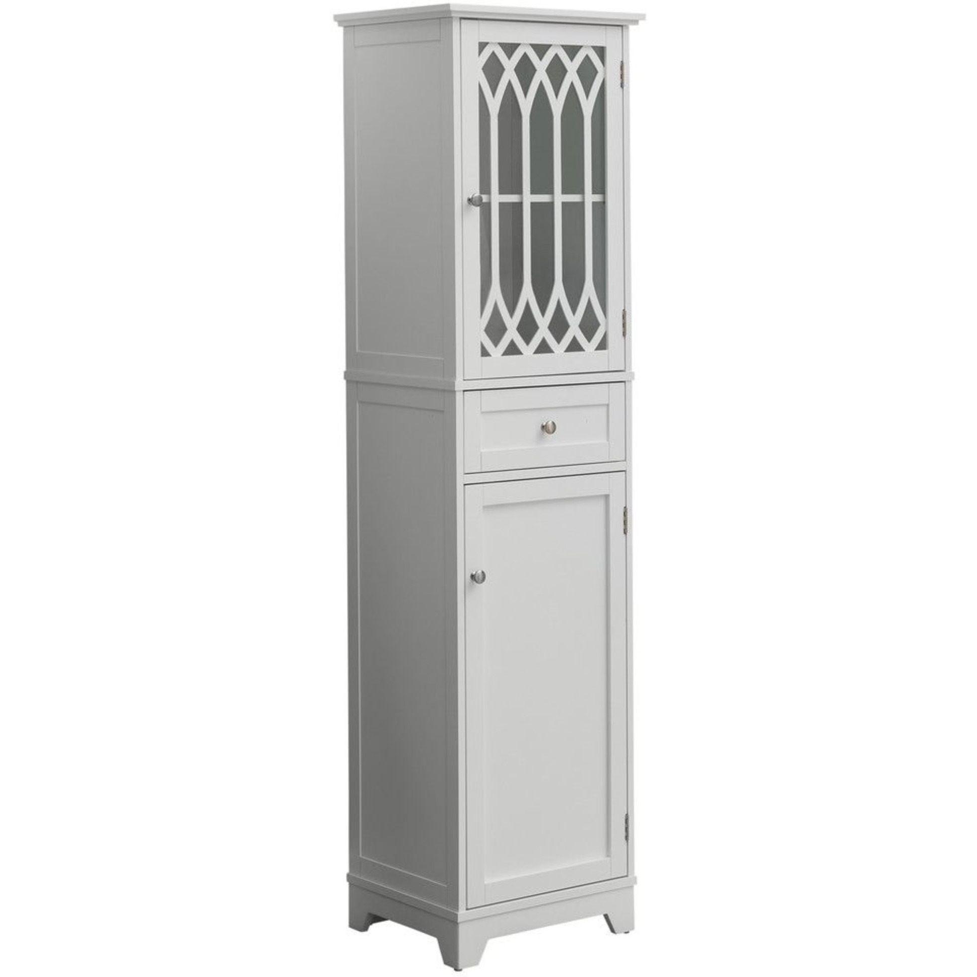 Helsinki Freestanding Bathroom Storage Tower Organizer With Cabinets, Adjustable Shelves & Drawer, White Wood, Contemporary