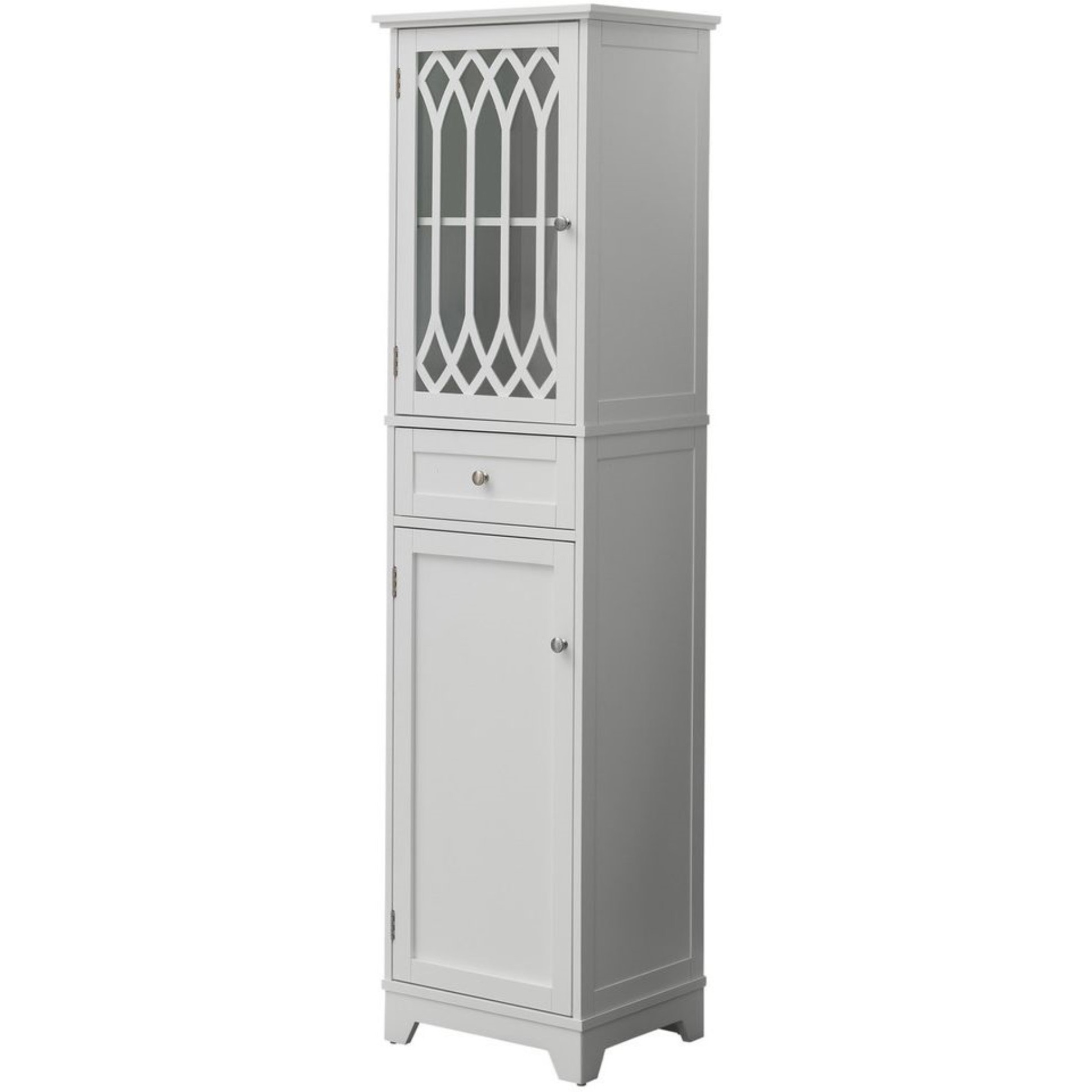 Helsinki Freestanding Bathroom Storage Tower Organizer With Cabinets, Adjustable Shelves & Drawer, White Wood, Contemporary