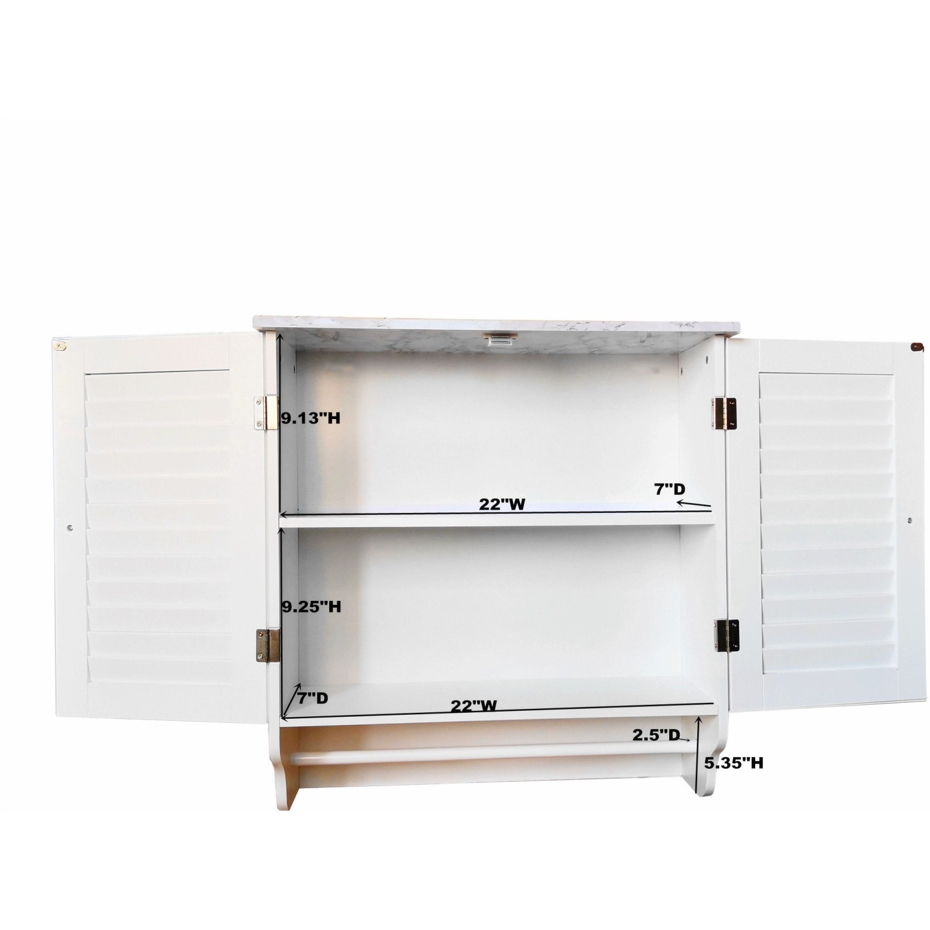 Trevita Wall Mounted Bathroom Storage Cabinet Medicine Chest With Adjustable Shelf & Towel Rack, White & Marble Wood, Contemporary