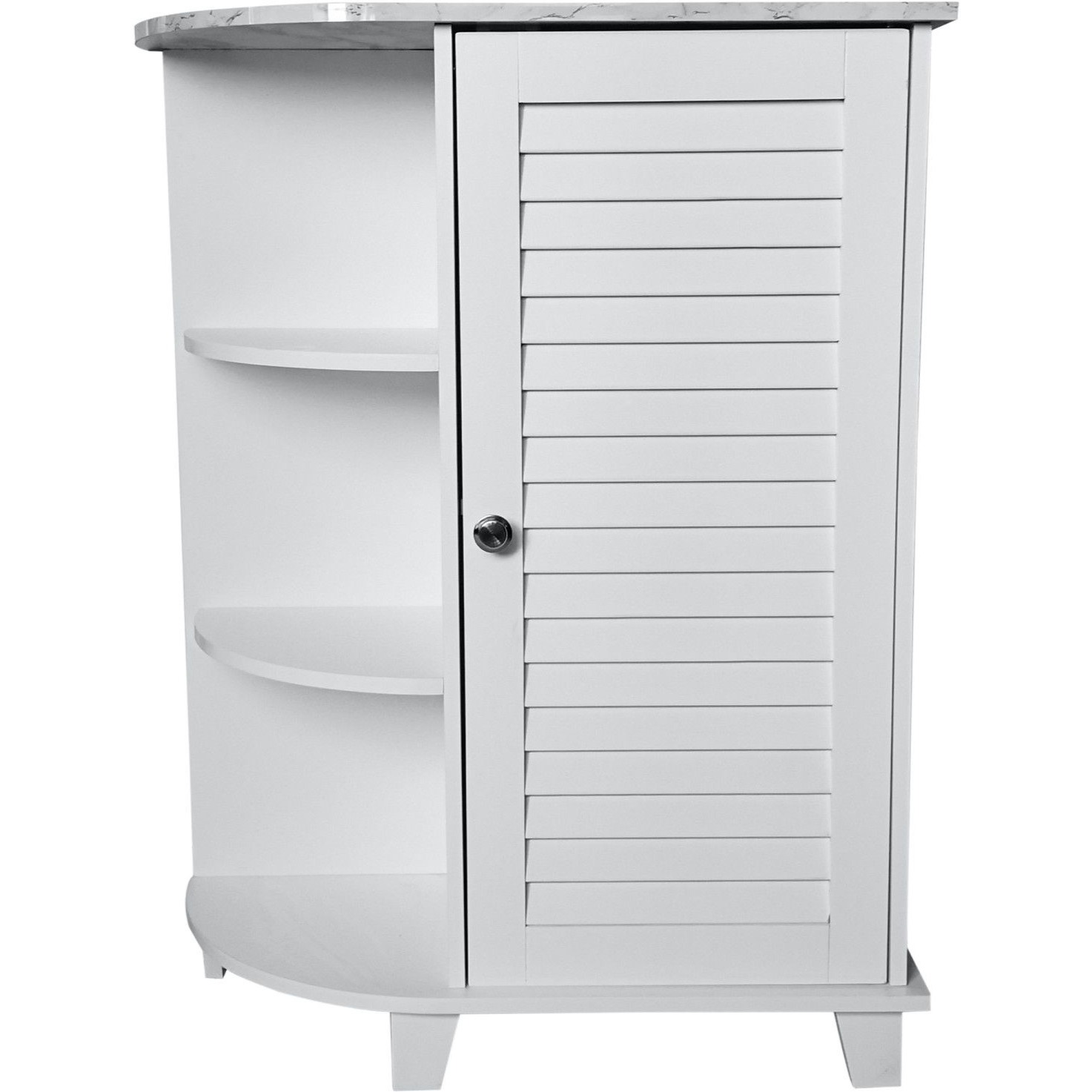 Trevita Bathroom Storage Floor Cabinet Organizer With Adjustable Shelf & 3 Open Shelves, White & Marble Wood, Contemporary
