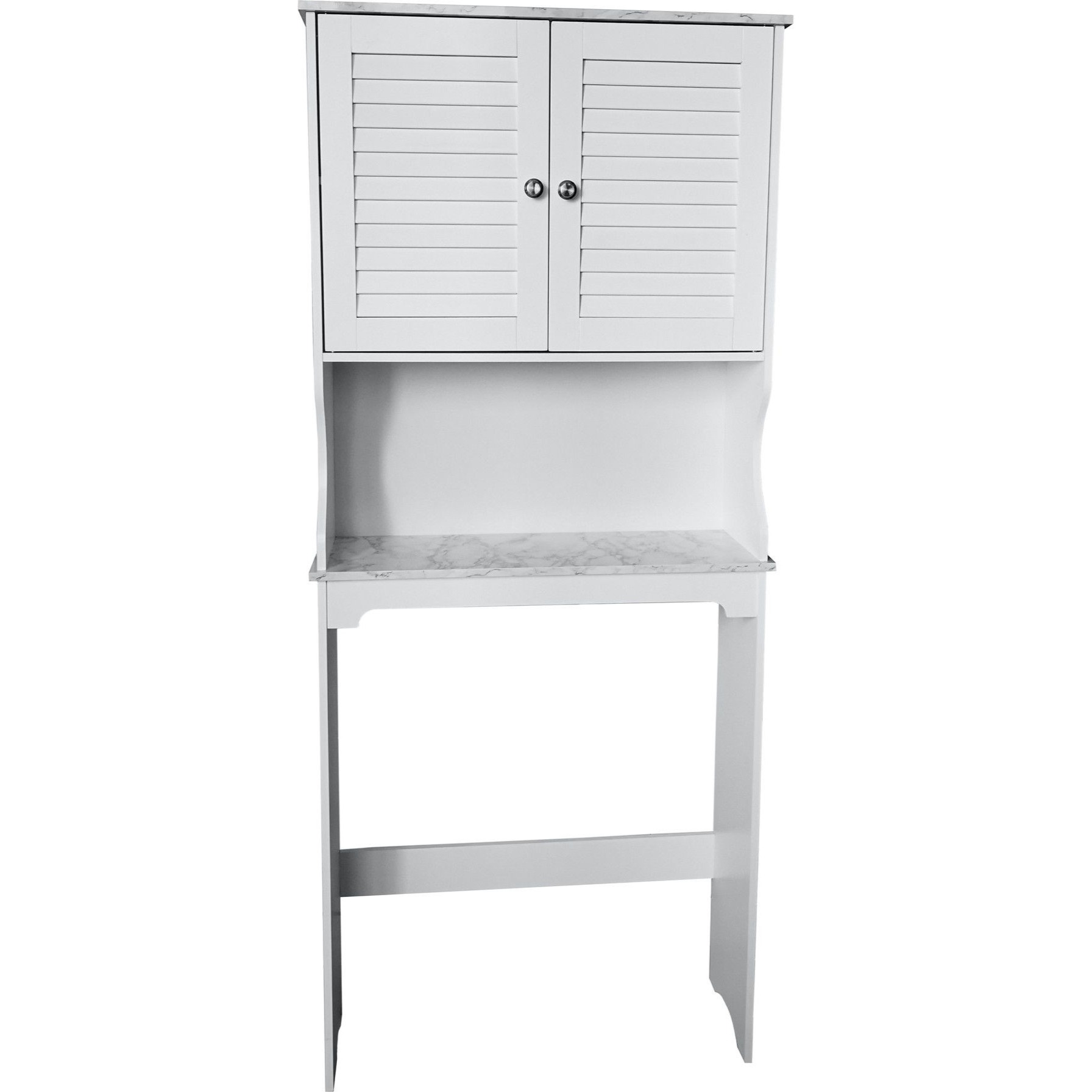 Trevita Freestanding Over The Toilet Bathroom Space Saver Organizer With Storage Cabinet, Adjustable Shelf & Open Shelf, White & Marble Wood, Contemporary
