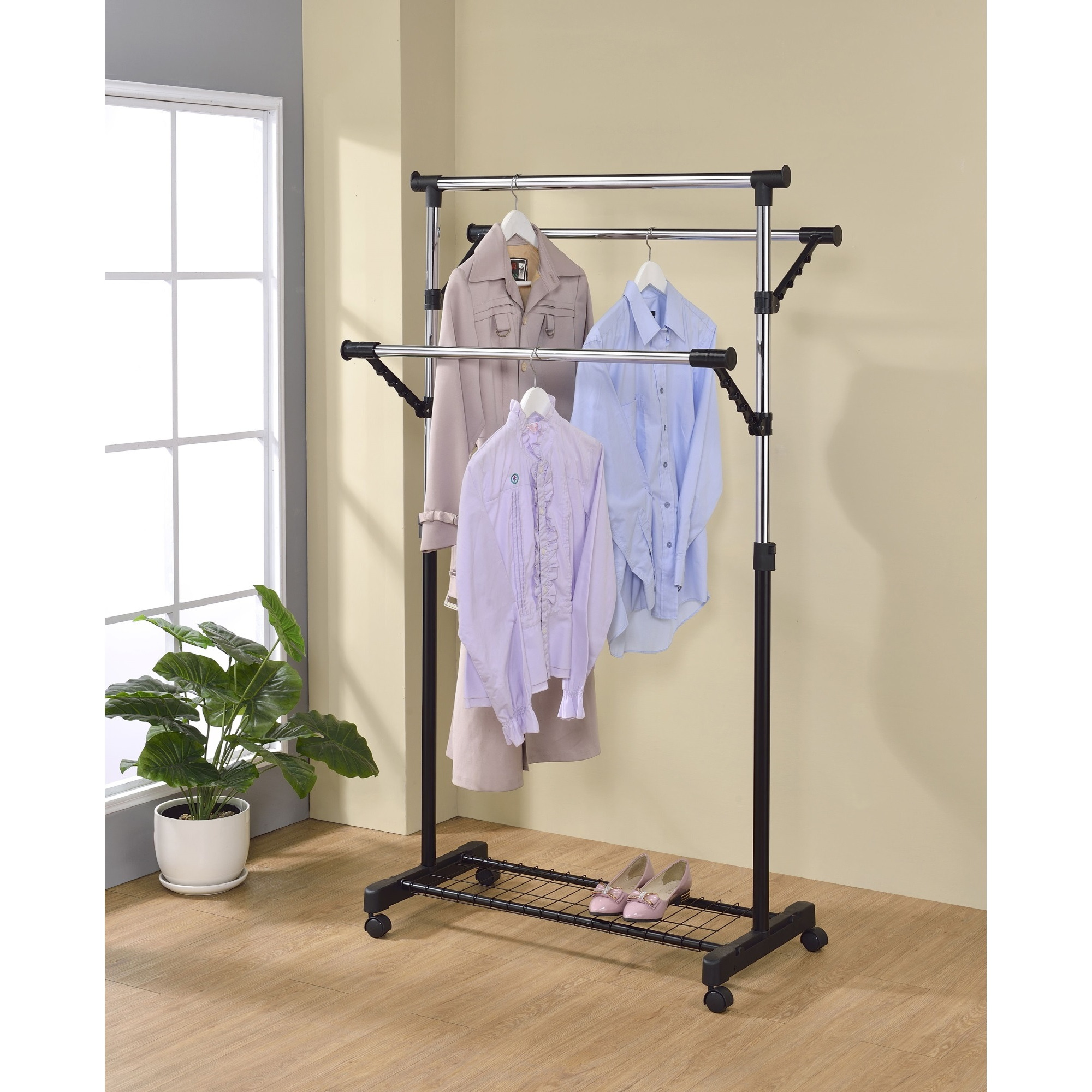 Hiroko Wheeled Hanging Clothing Garment Rack with Adjustable Racks & Shoe Storage, Black & Chrome Metal