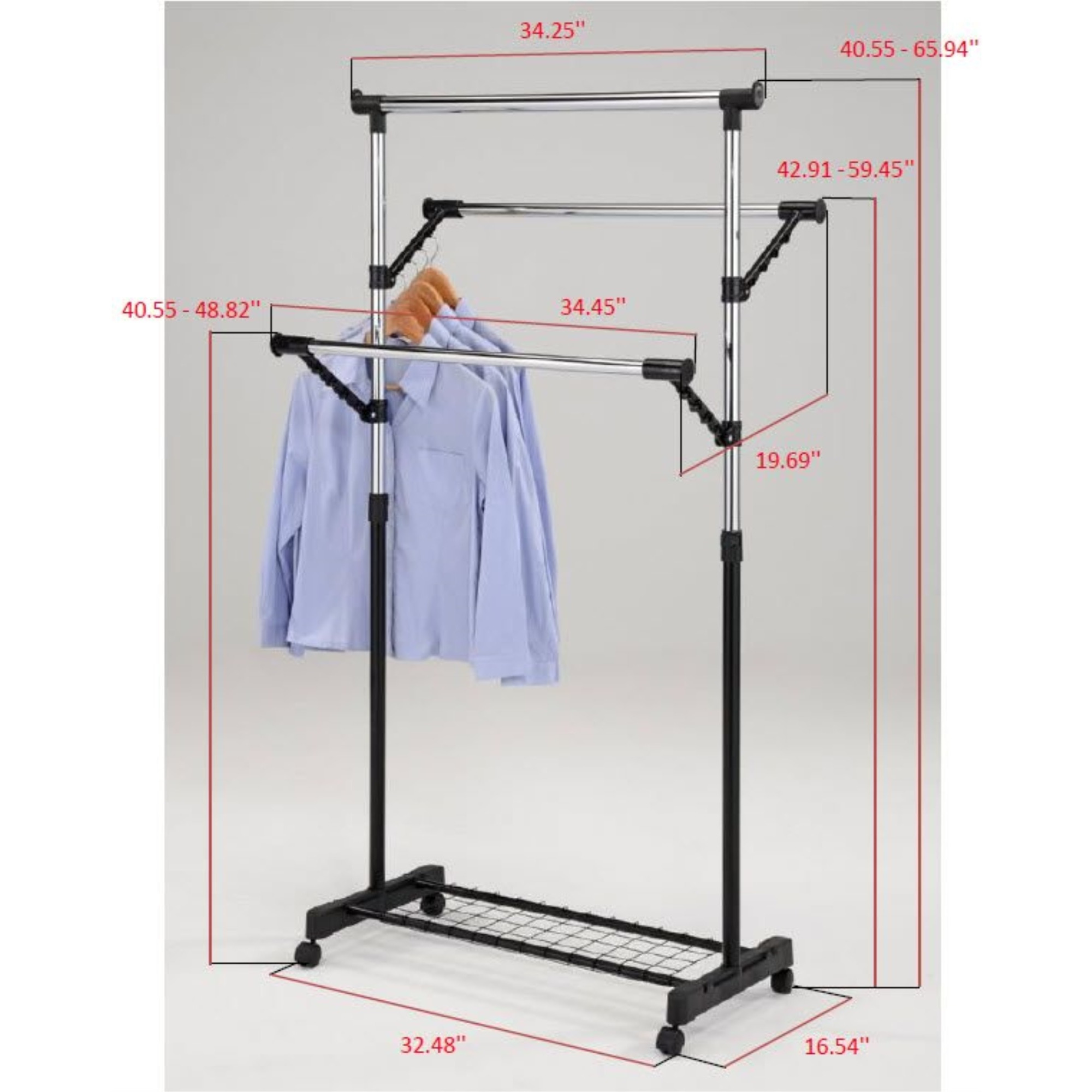 Hiroko Wheeled Hanging Clothing Garment Rack with Adjustable Racks & Shoe Storage, Black & Chrome Metal