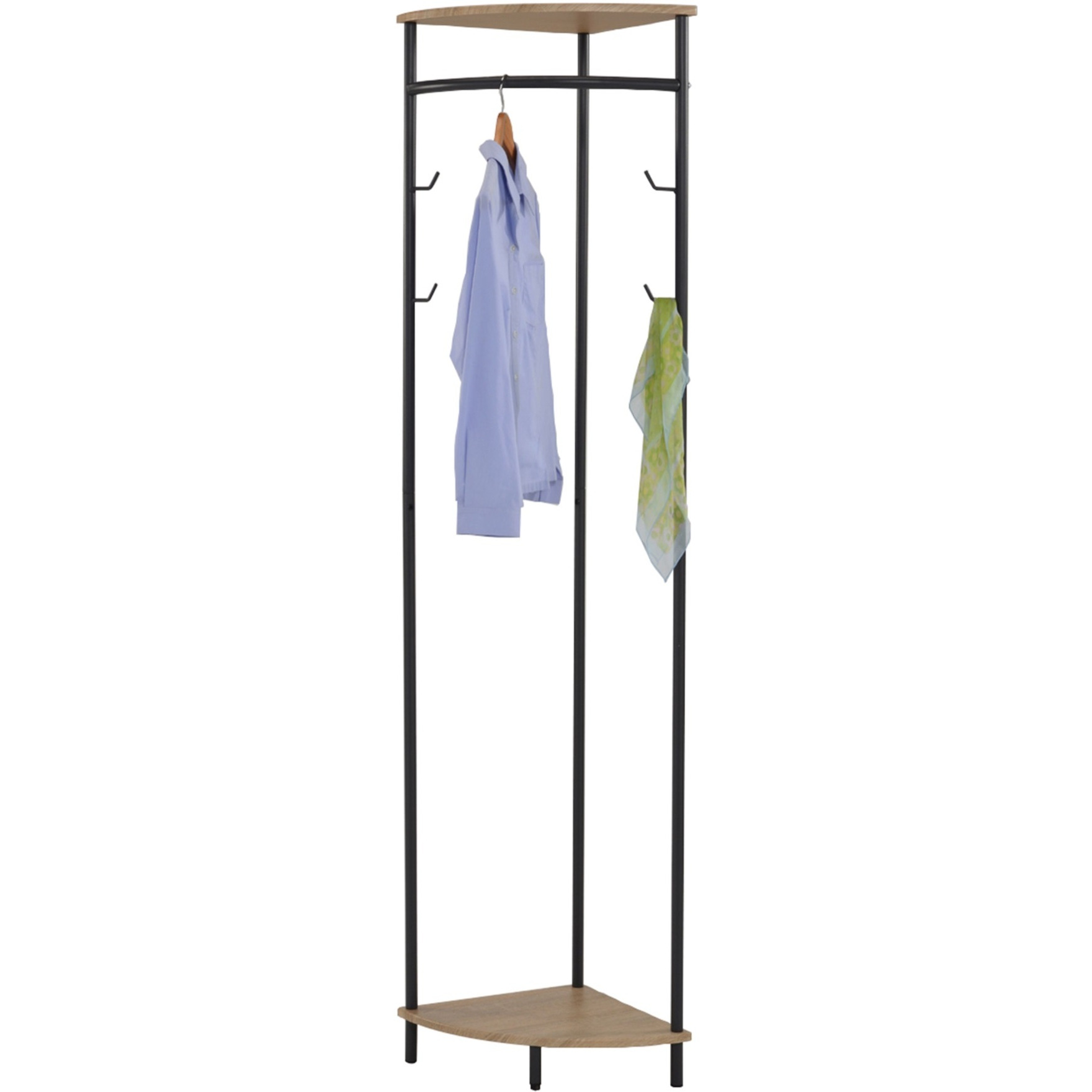 Tolbert Entryway Corner Hall Tree Coat & Hat Rack With Storage Shelves, Black Metal & Oak Wood