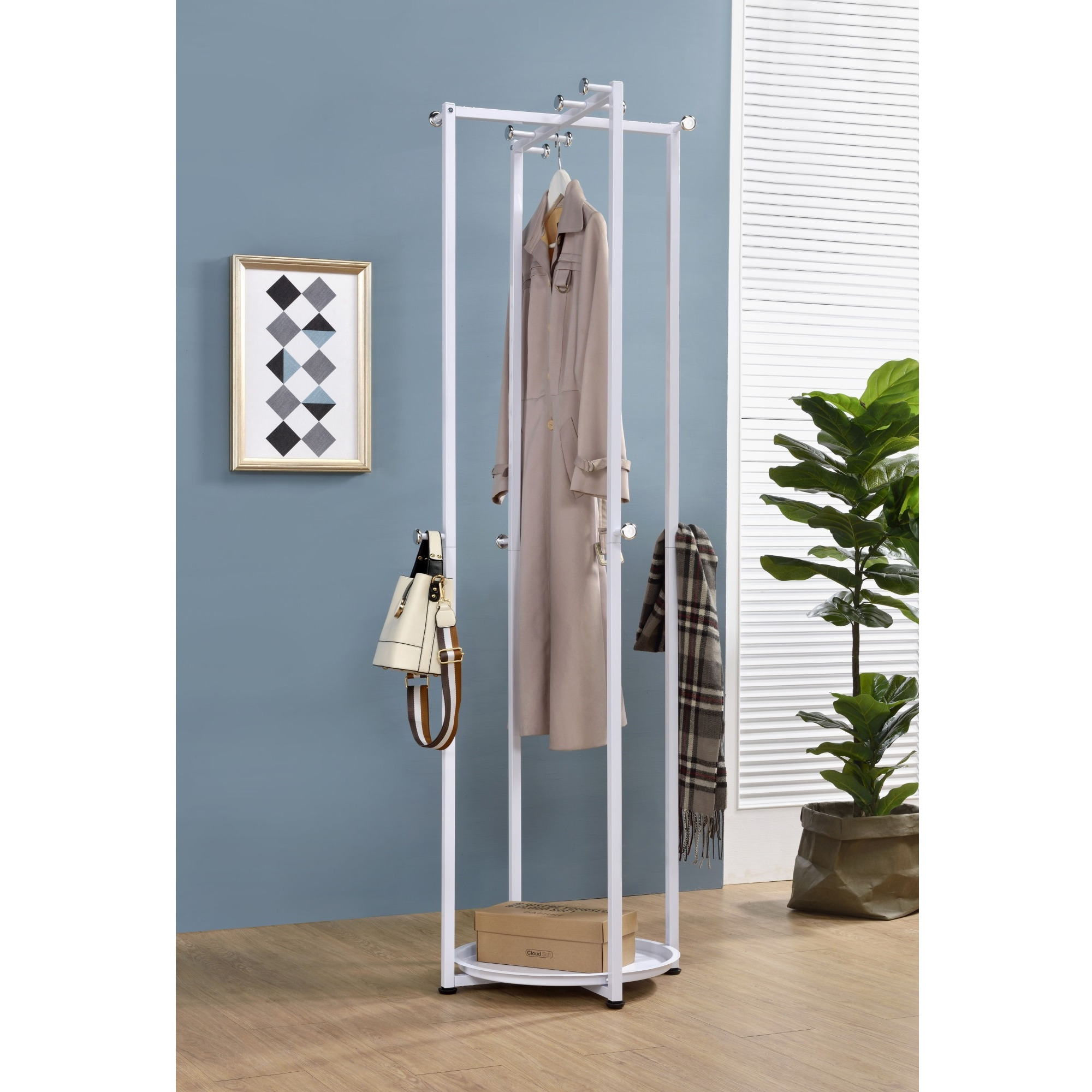 Hambleton Entryway 12 Hook Freestanding Coat & Hat Rack with Storage Shelf, White Metal