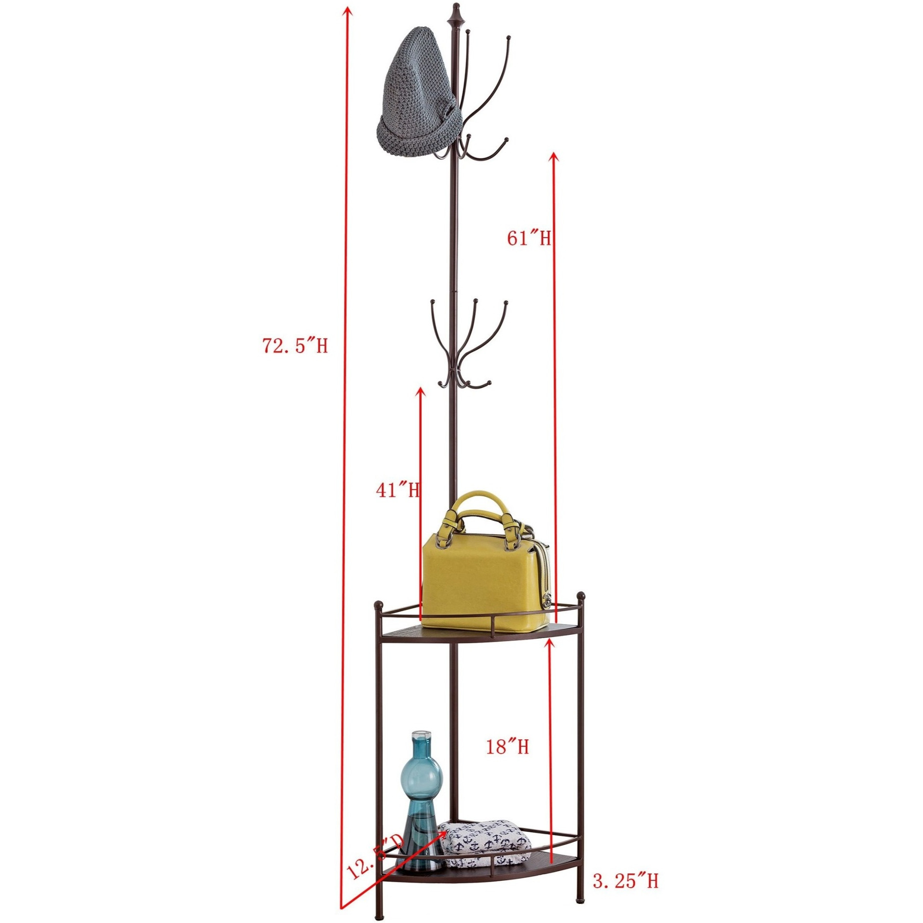 Yolanda 12 Hook Corner Coat & Hat Rack Stand With Storage Shelves, Bronze Metal & Wood, Transitional