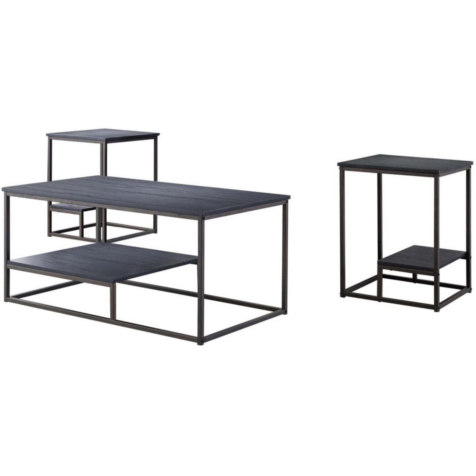 Nibley 3 Piece Occasional Table Set With Storage, Pewter Wood Top & Black Metal Frame (Cocktail Coffee Table & 2 End Tables)