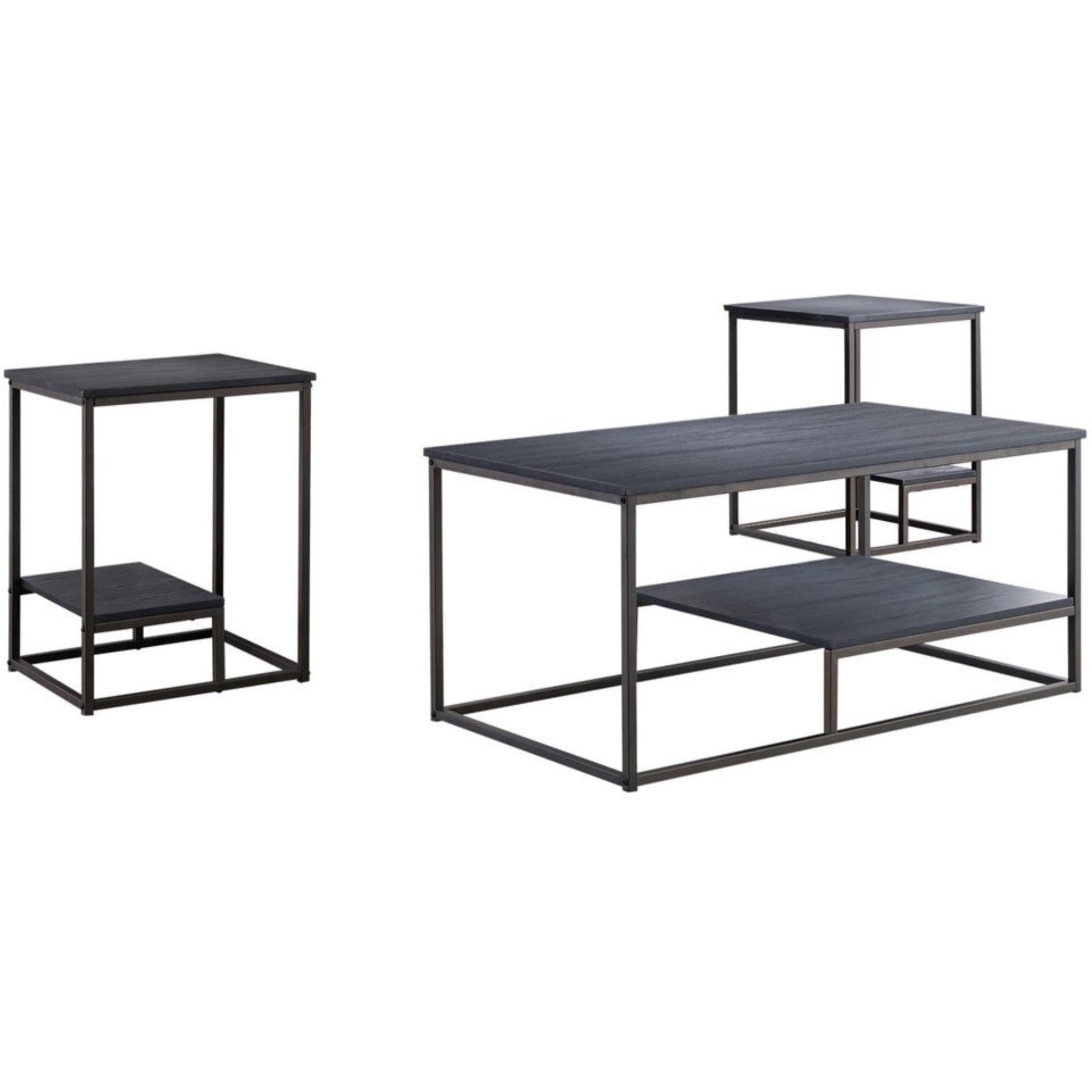 Nibley 3 Piece Occasional Table Set With Storage, Pewter Wood Top & Black Metal Frame (Cocktail Coffee Table & 2 End Tables)