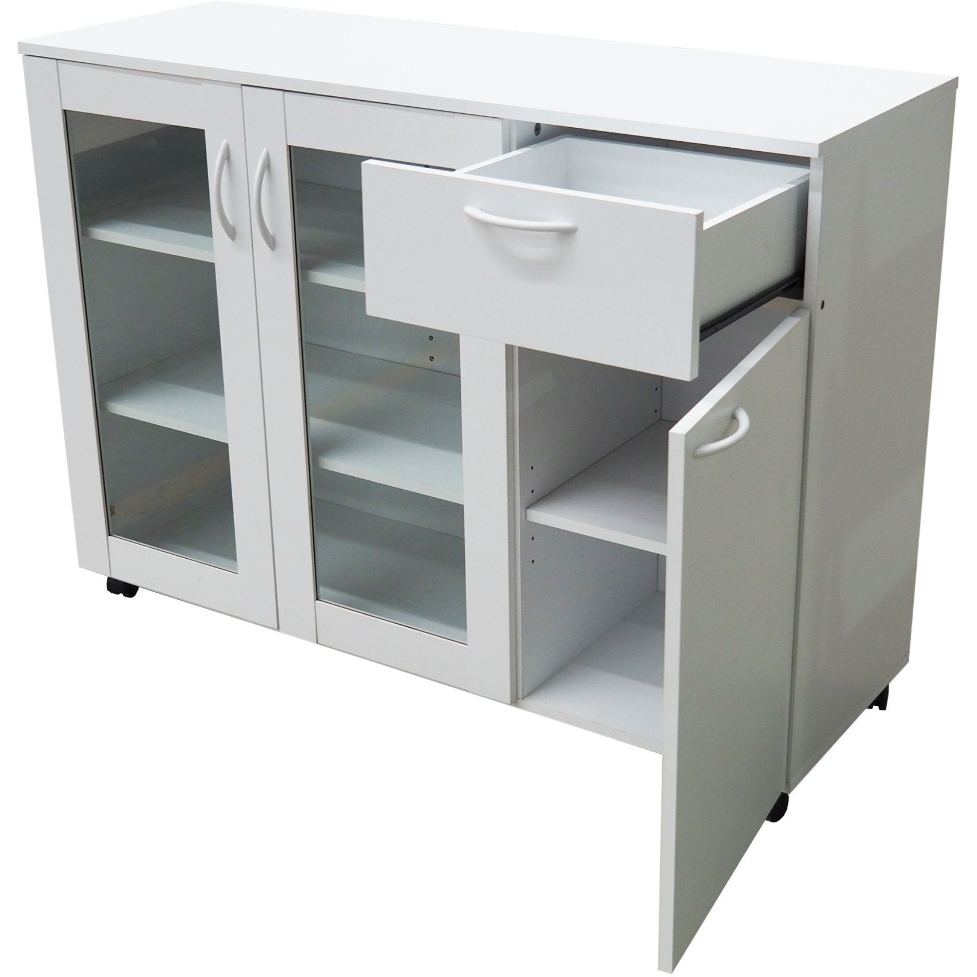 Gremlin Wheeled Kitchen Storage Sideboard Buffet Cabinet With Adjustable Shelves & Drawer, White Wood & Glass, Contemporary