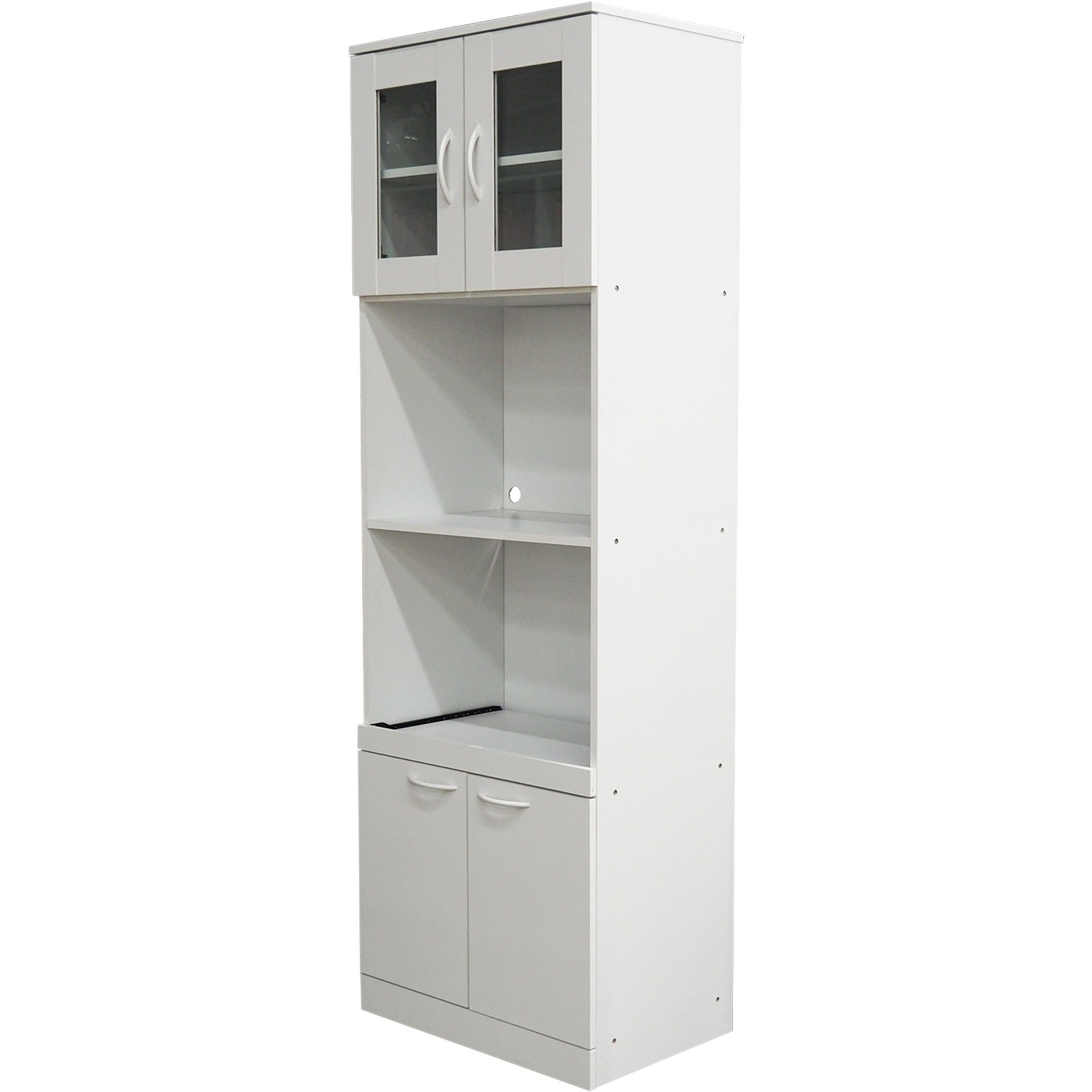 Gremlin Kitchen Storage Pantry Microwave Cabinet With Adjustable Shelves & Pull-Out Shelf, White Wood & Glass, Contemporary