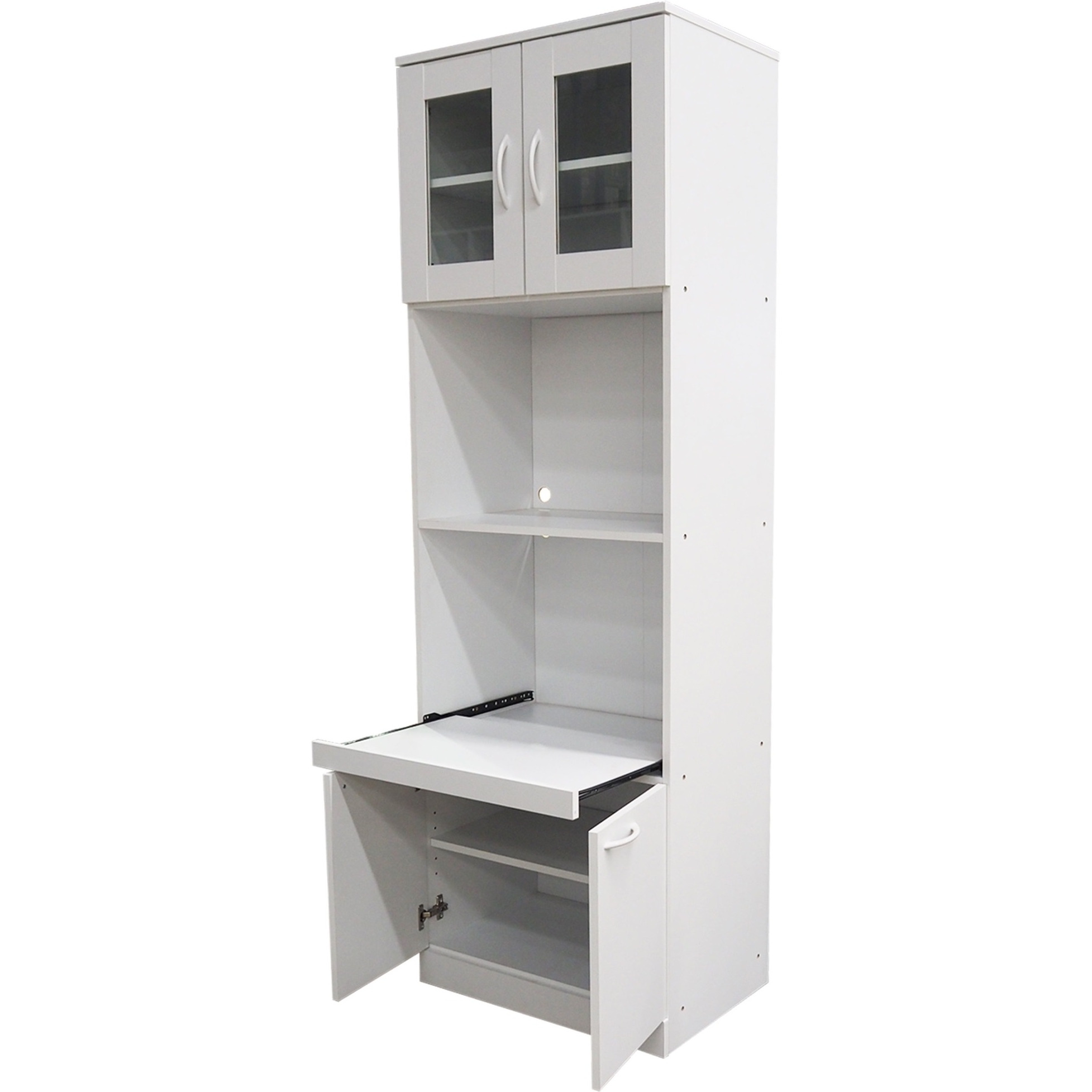 Gremlin Kitchen Storage Pantry Microwave Cabinet With Adjustable Shelves & Pull-Out Shelf, White Wood & Glass, Contemporary