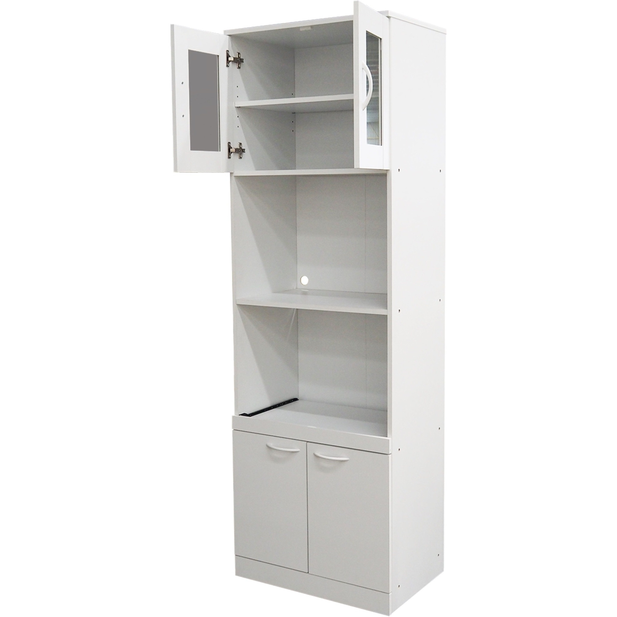 Gremlin Kitchen Storage Pantry Microwave Cabinet With Adjustable Shelves & Pull-Out Shelf, White Wood & Glass, Contemporary