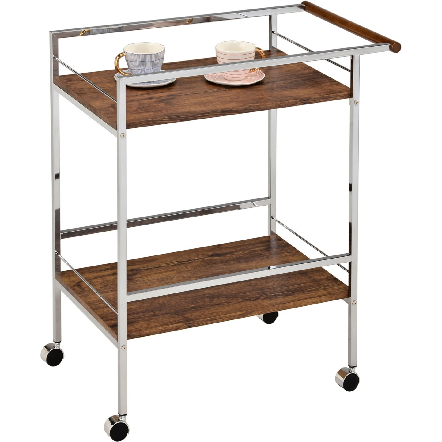 Millam 2 Tier Wheeled Serving Bar Cart with Push Bar, Chrome Metal & Oak Wood