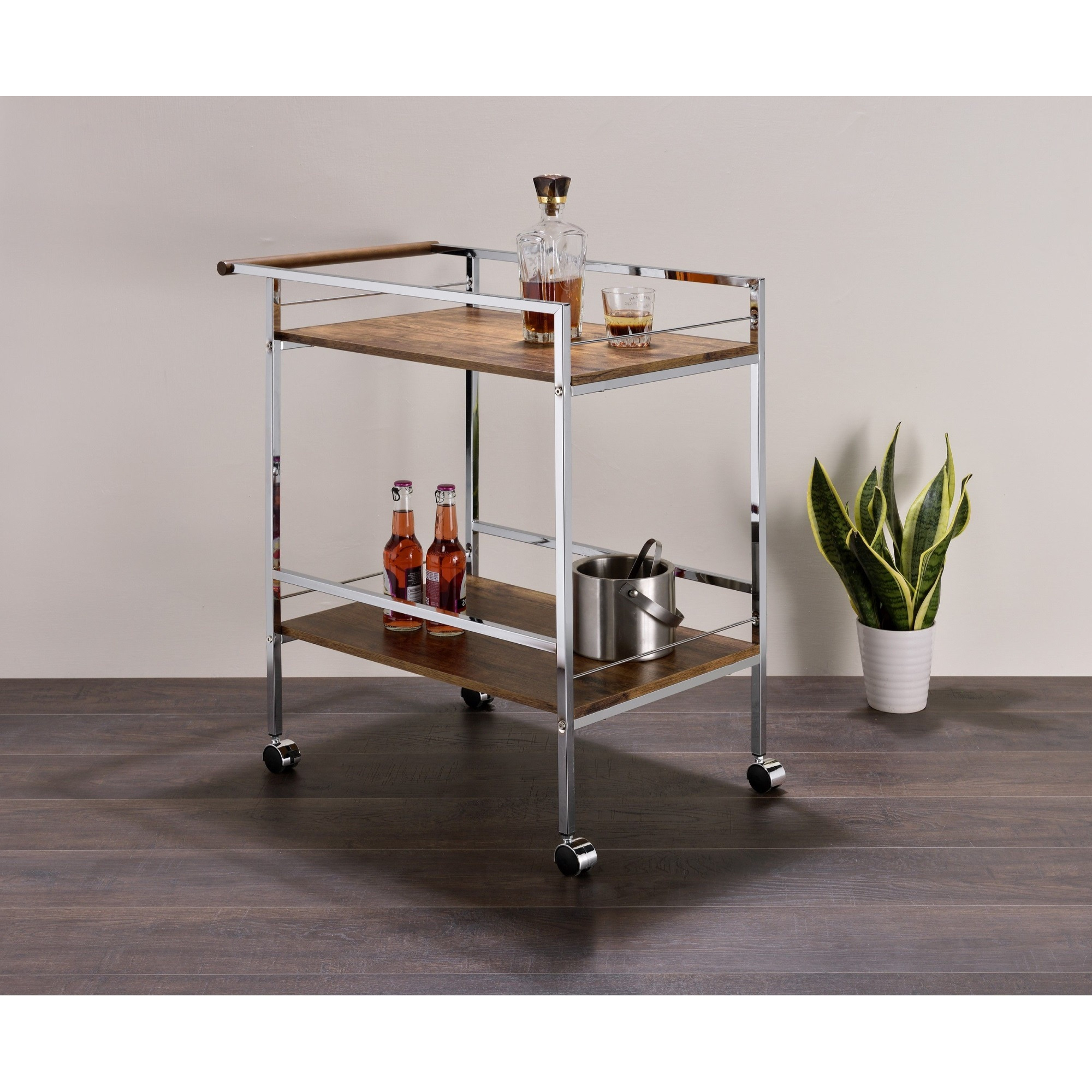 Millam 2 Tier Wheeled Serving Bar Cart with Push Bar, Chrome Metal & Oak Wood