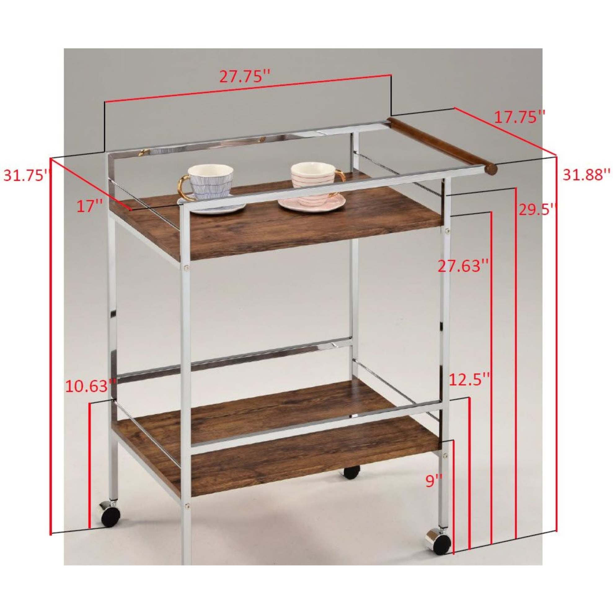 Millam 2 Tier Wheeled Serving Bar Cart with Push Bar, Chrome Metal & Oak Wood