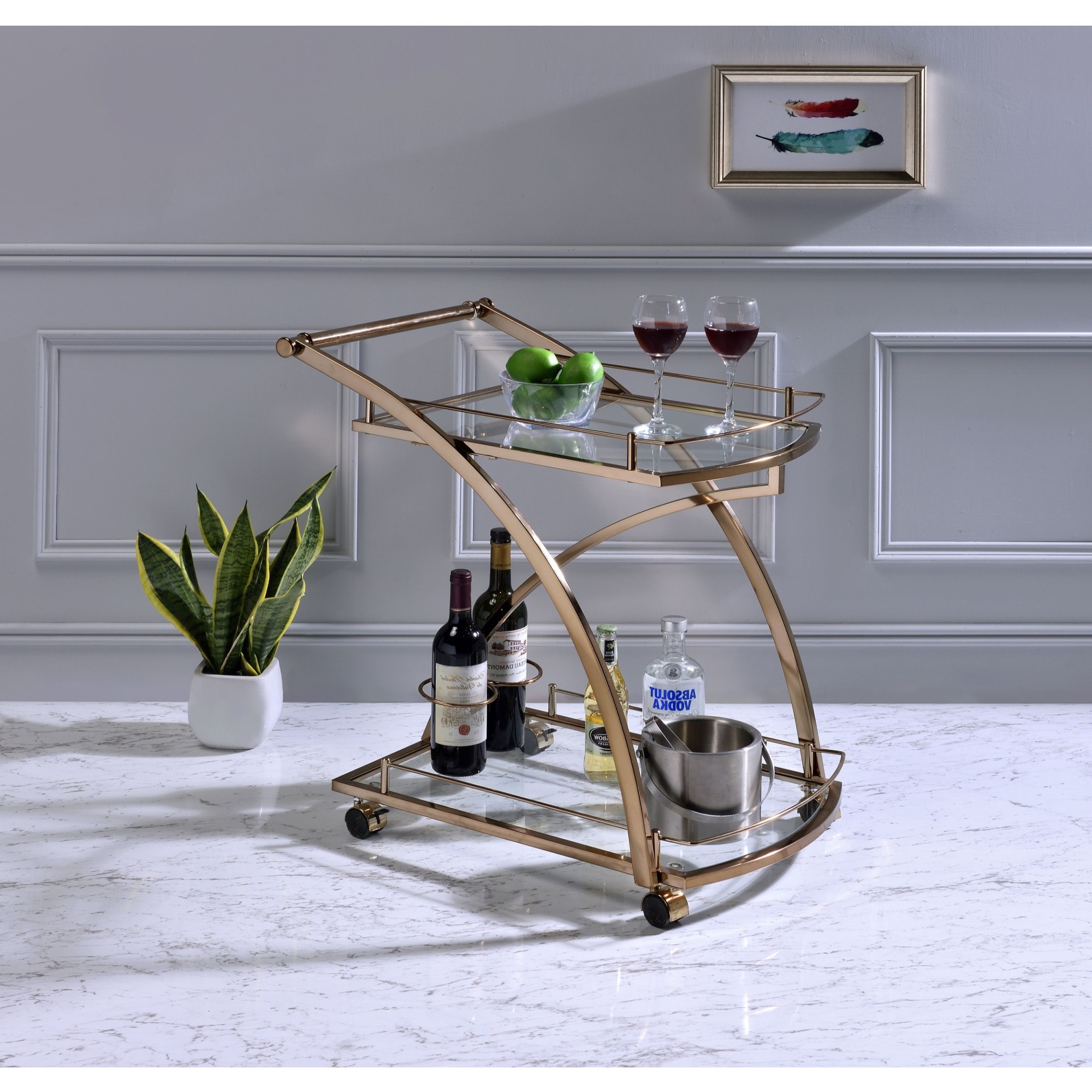 Daffodil 2 Tier Modern Wheeled Serving Bar Cart with Wine Bottle Holders, Gold Metal & Clear Glass