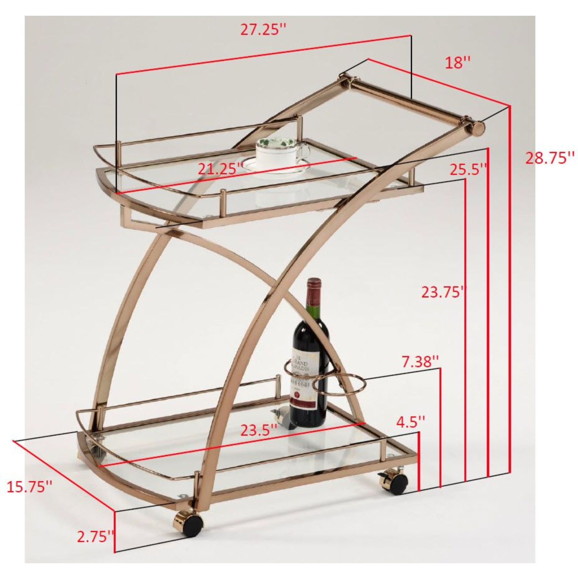 Daffodil 2 Tier Modern Wheeled Serving Bar Cart with Wine Bottle Holders, Gold Metal & Clear Glass
