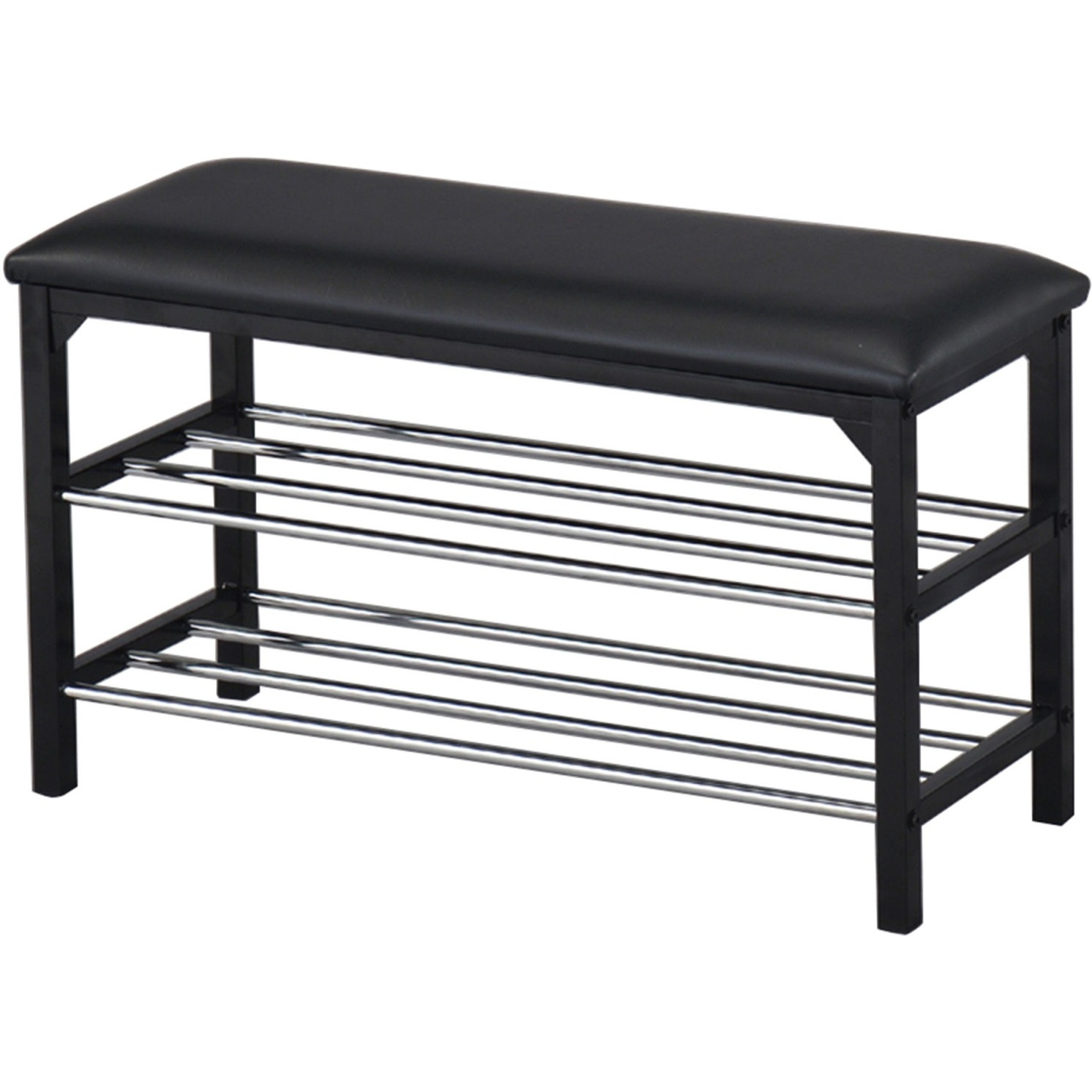 Harney 2 Tier Shoe Organizer Storage Bench, Black Vinyl Seat & Frame, Chrome Metal Racks