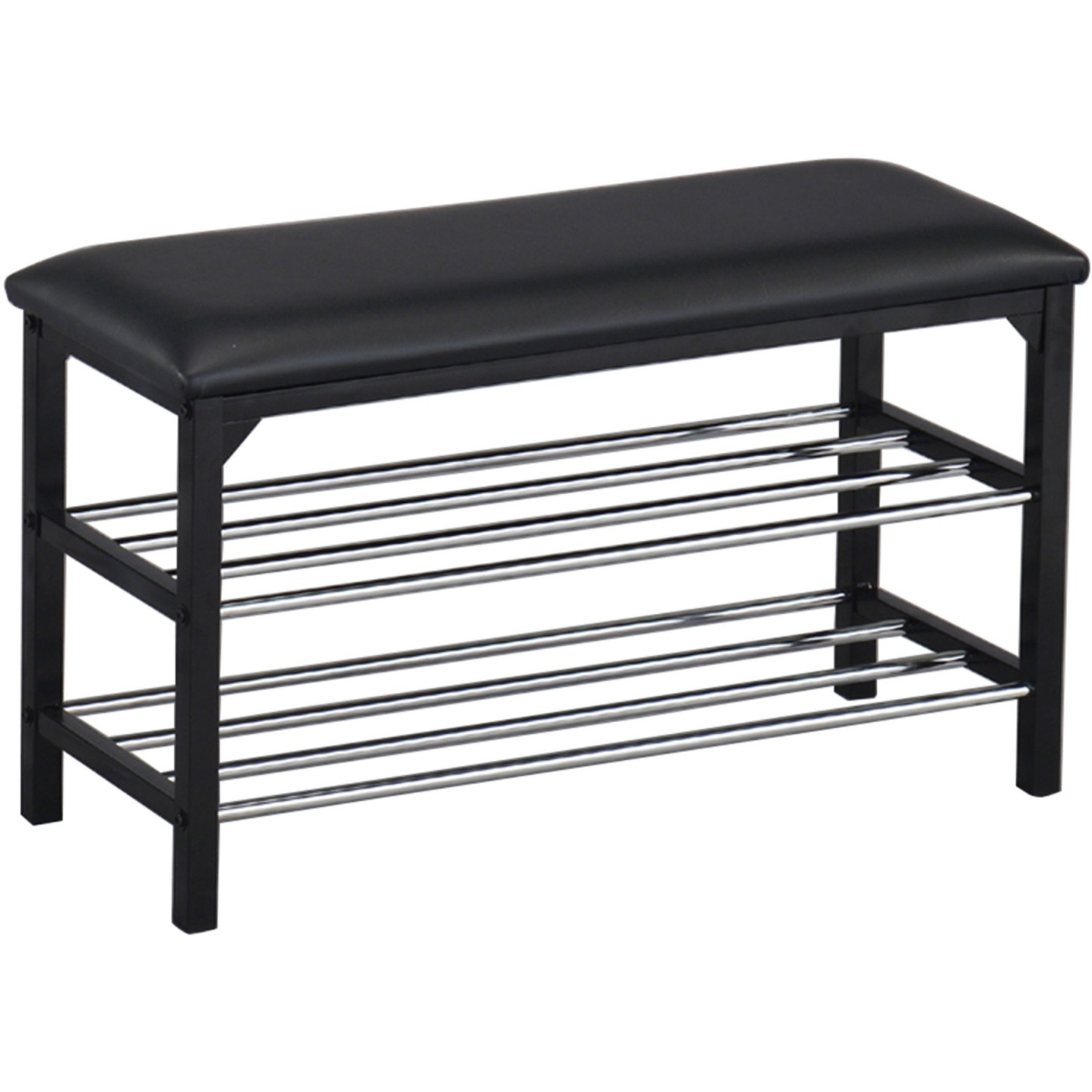 Harney 2 Tier Shoe Organizer Storage Bench, Black Vinyl Seat & Frame, Chrome Metal Racks