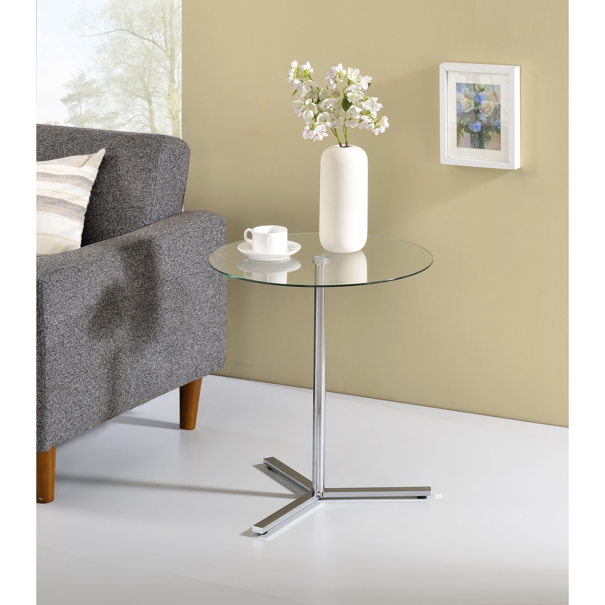 Form 20" Round Modern Accent Side End Table, Chrome Metal & Tempered Glass