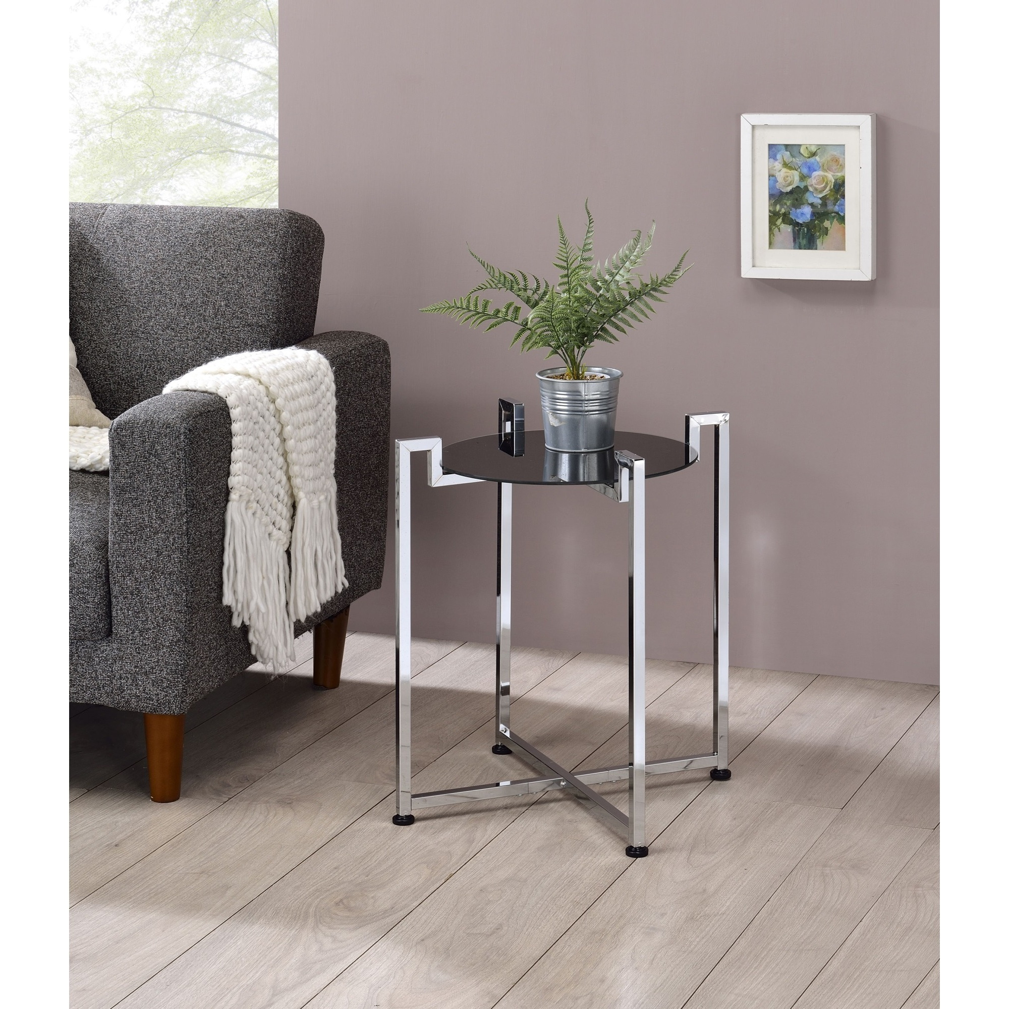 Hendon Modern Accent Side End Table, Black Tempered Glass Top & Chrome Metal Base