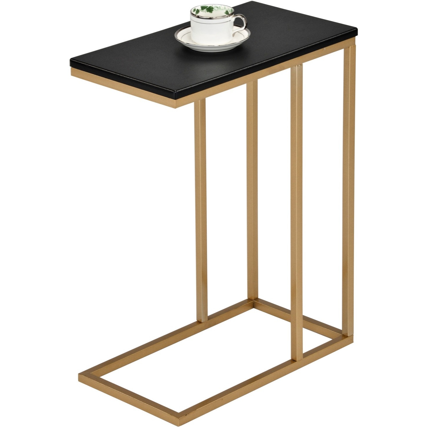 Fresnay C Shaped Modern Accent Sofa Side Table, Gold Metal & Black Wood