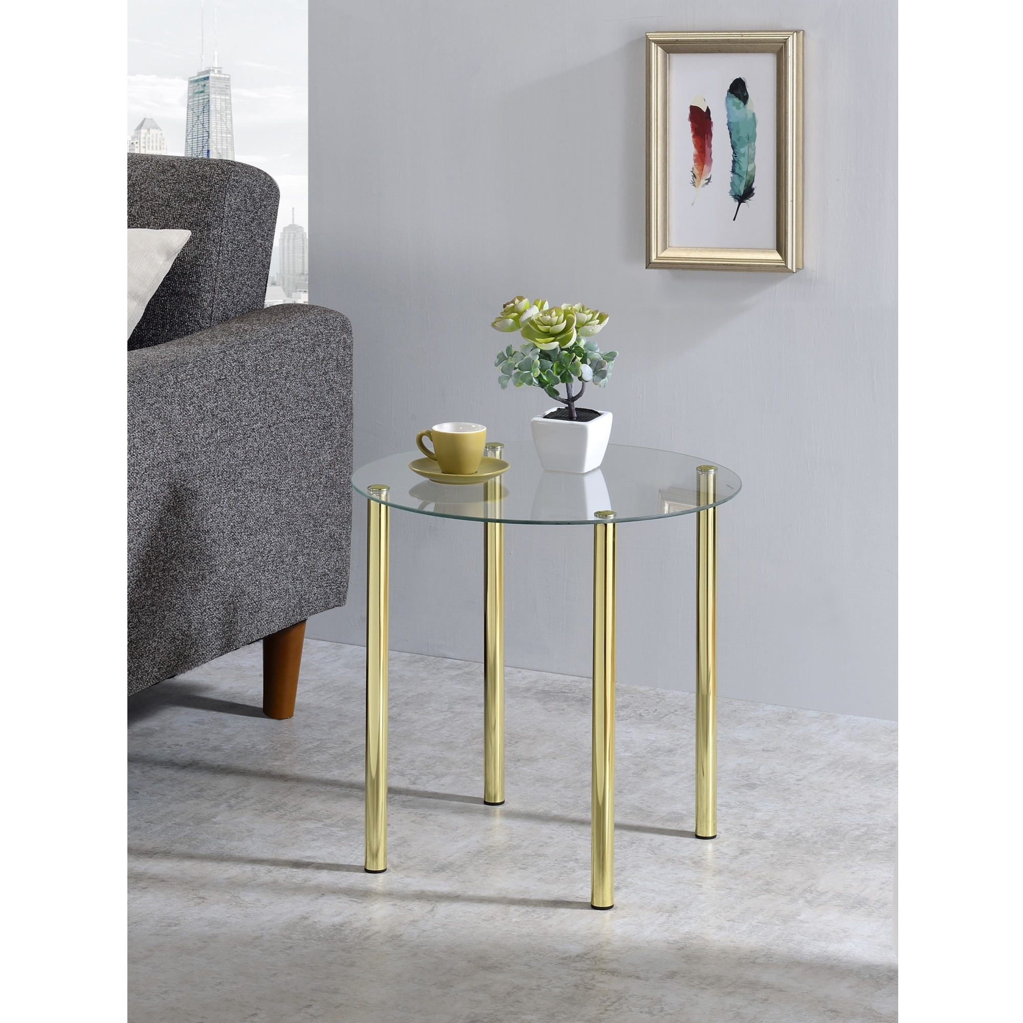 Worcester 18" Round Modern Accent Side End Table, Brass Metal & Glass