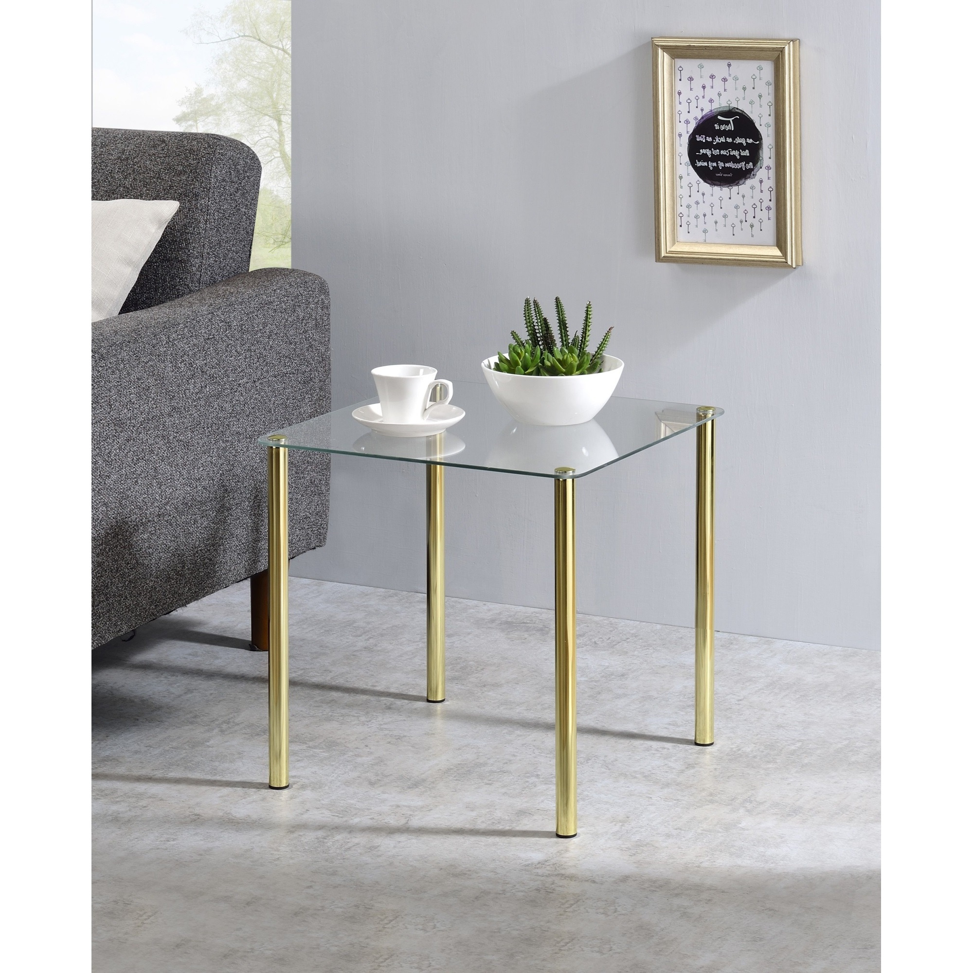 Worcester 18" Square Modern Accent Side End Table, Brass Metal & Glass