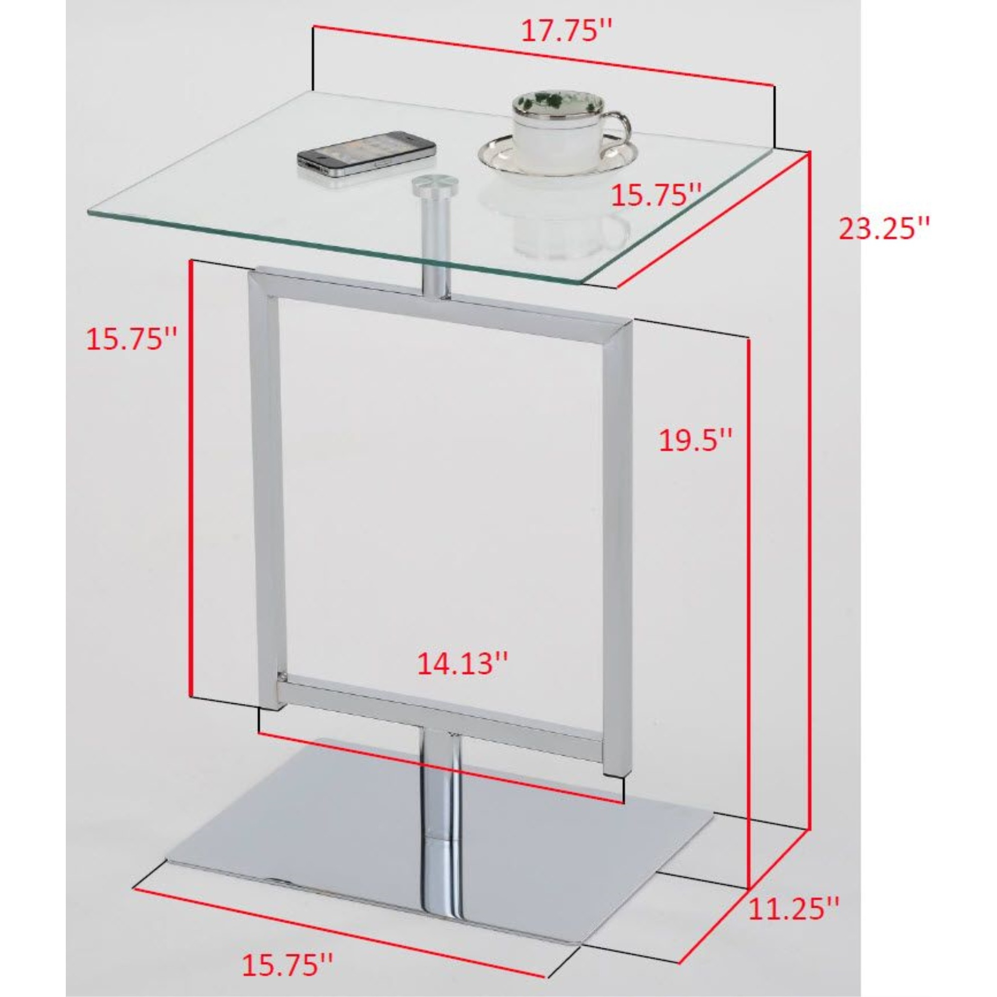 Doolins Modern Accent Side End Table, Chrome Metal Frame & Tempered Glass Top