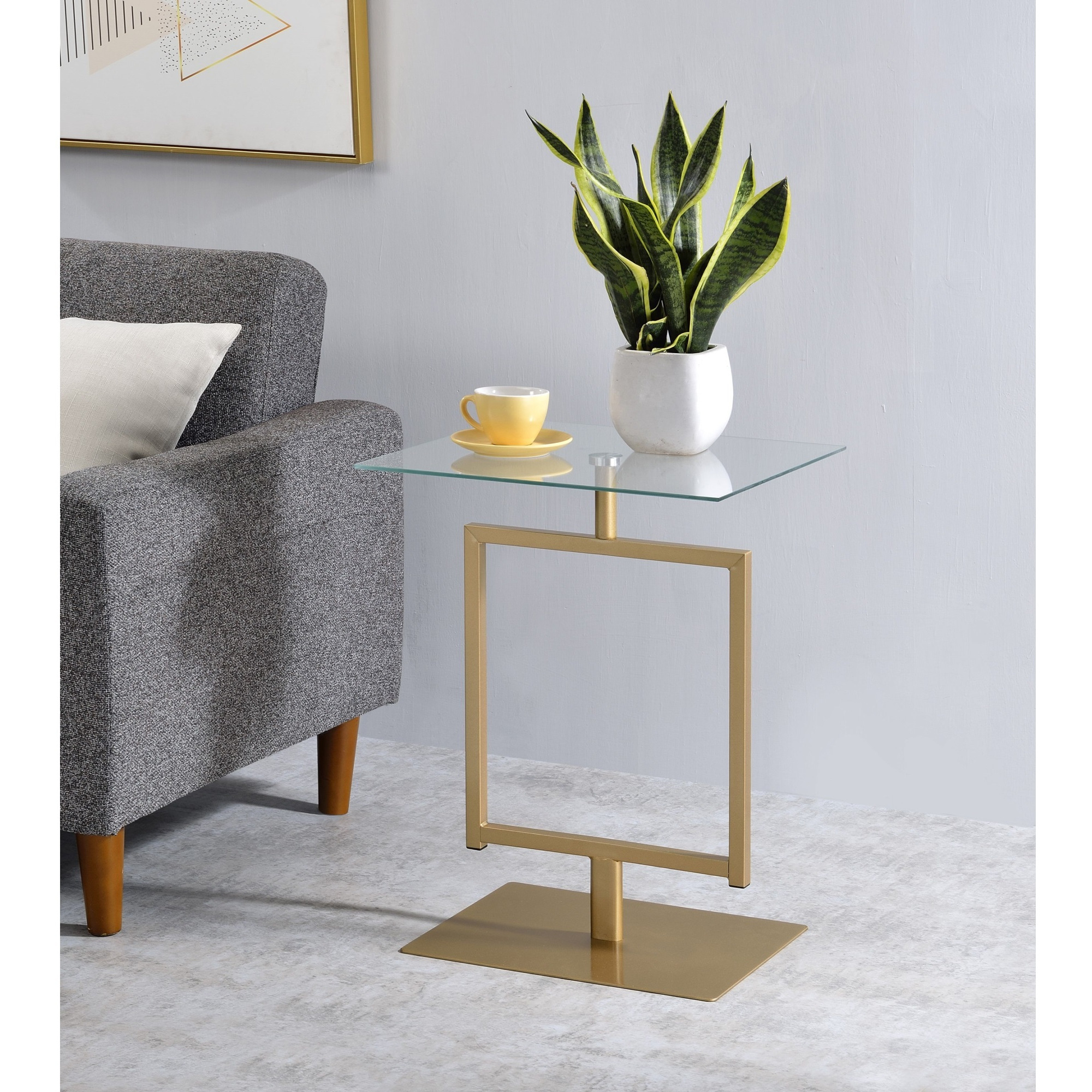 Doolins Modern Accent Side End Table, Gold Metal Frame & Tempered Glass Top