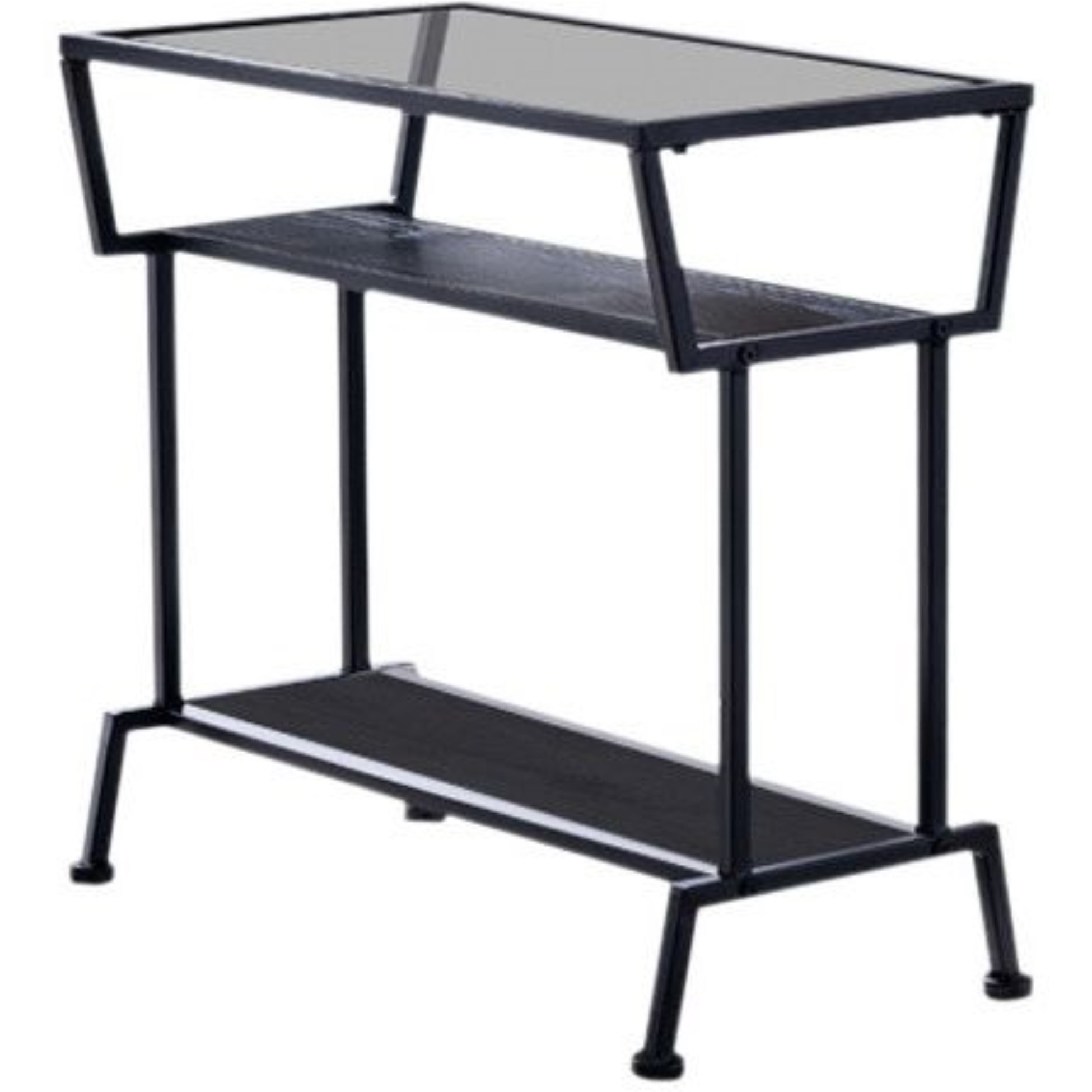 Davos Accent Side Table, Black Metal Frame & Tempered Glass Top With Wood Storage Shelves, Transitional