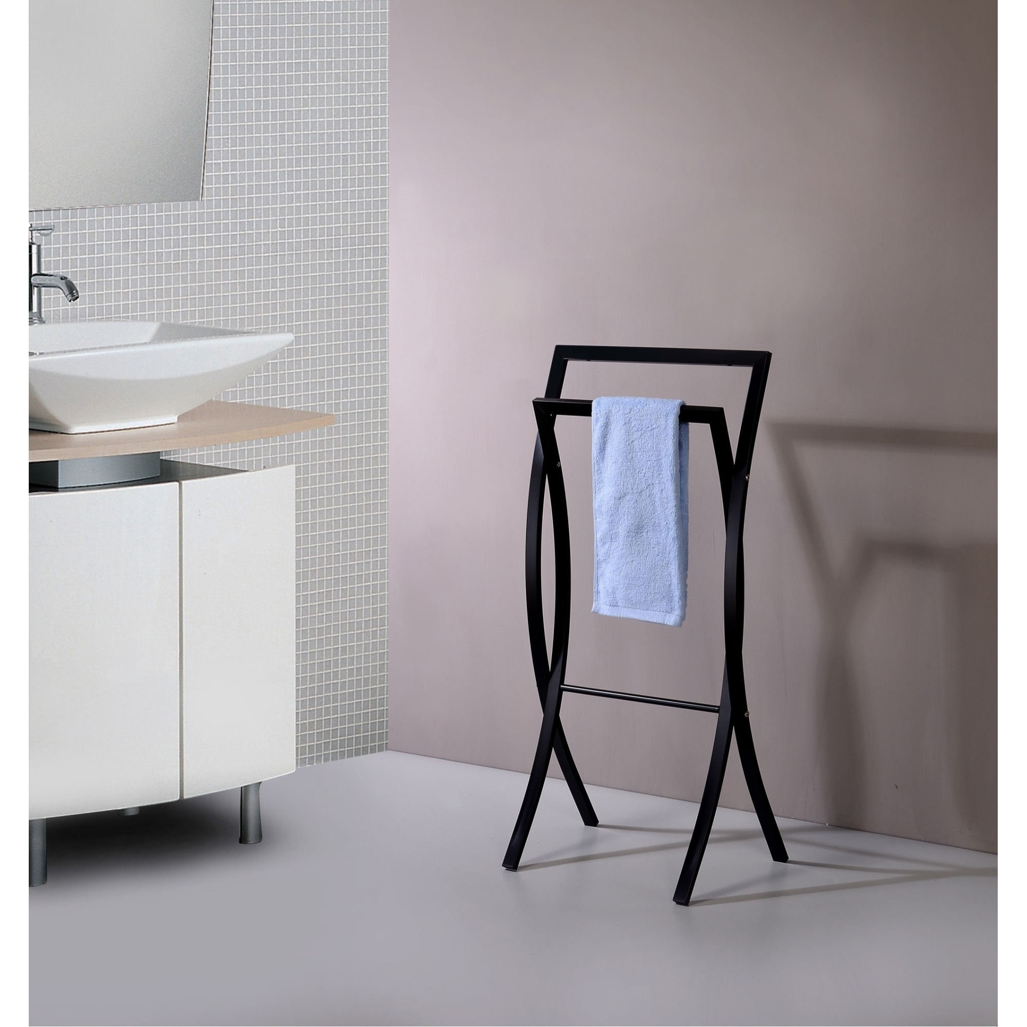 Coronado Double Free Standing Modern Bathroom Towel Rack Stand, Black Metal