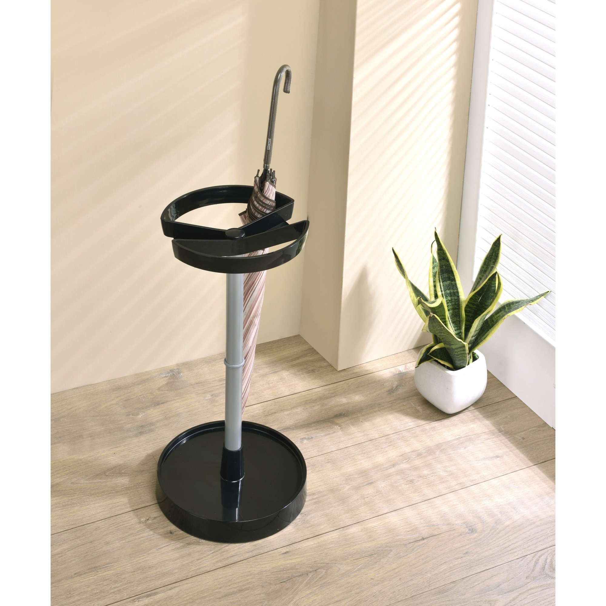 Telford Freestanding Umbrella Stand Rack, Black Plastic & Silver Metal