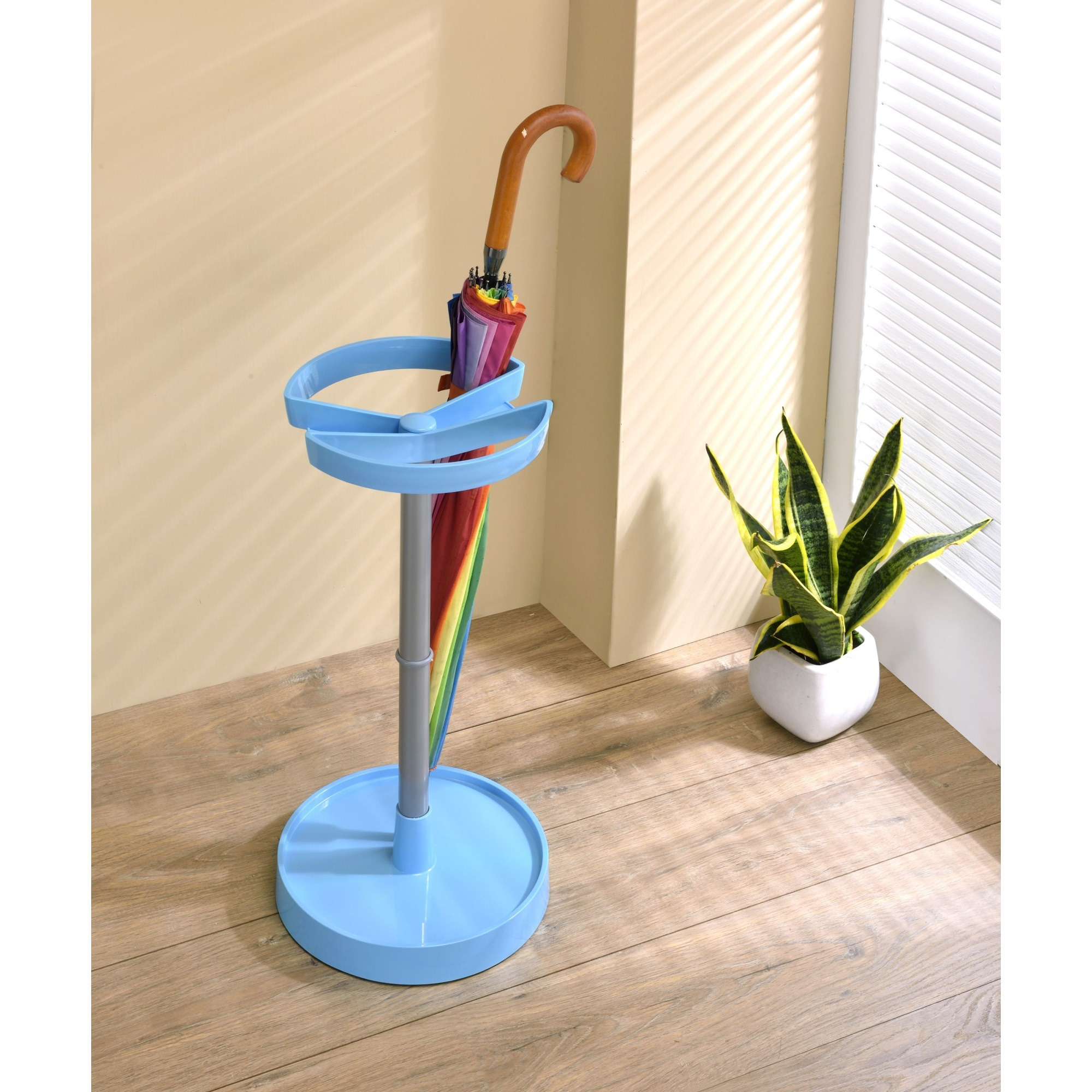 Telford Freestanding Umbrella Stand Rack, Blue Plastic & Silver Metal