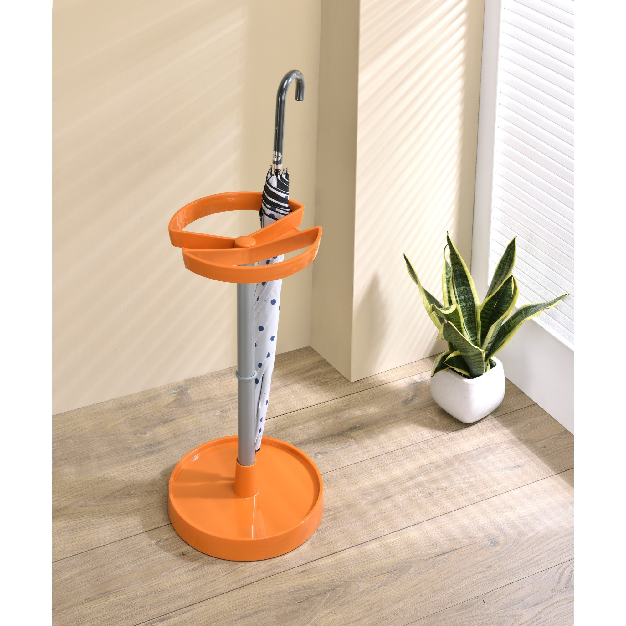 Telford Freestanding Umbrella Stand Rack, Orange Plastic & Silver Metal