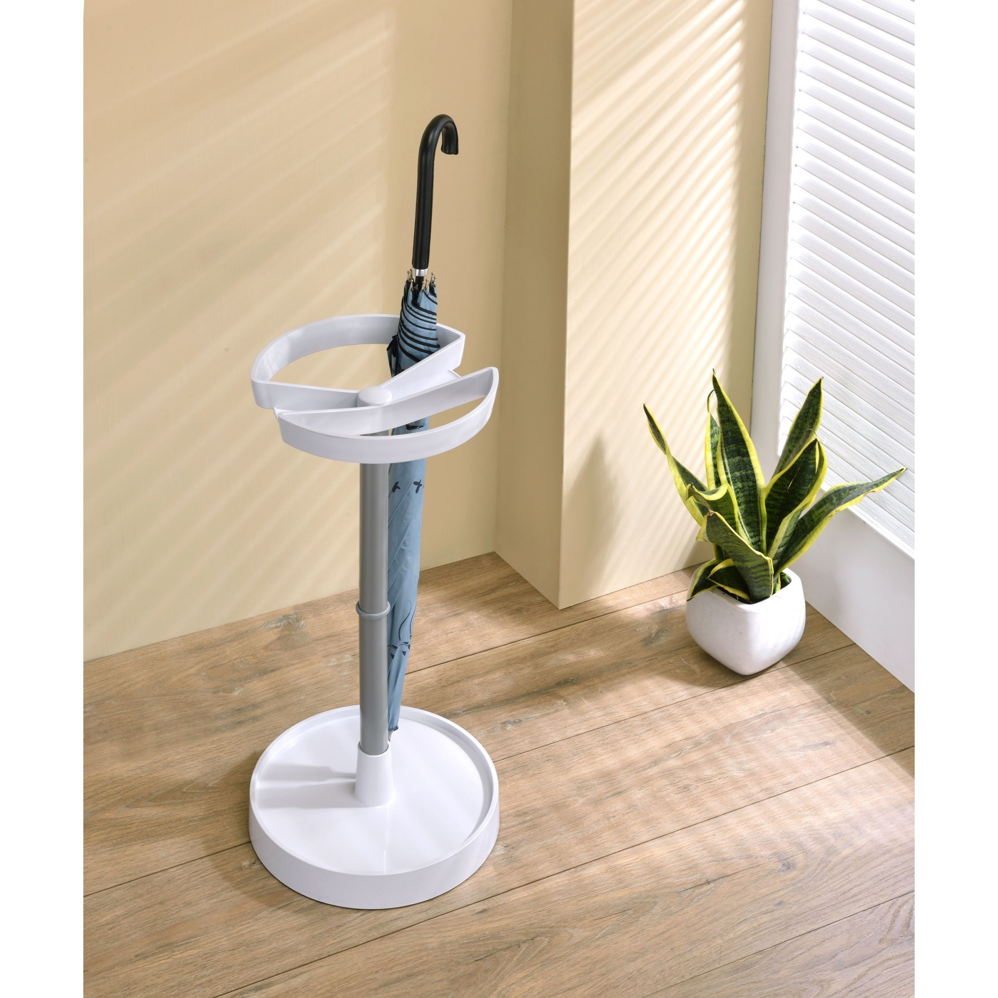 Telford Freestanding Umbrella Stand Rack, White Plastic & Silver Metal