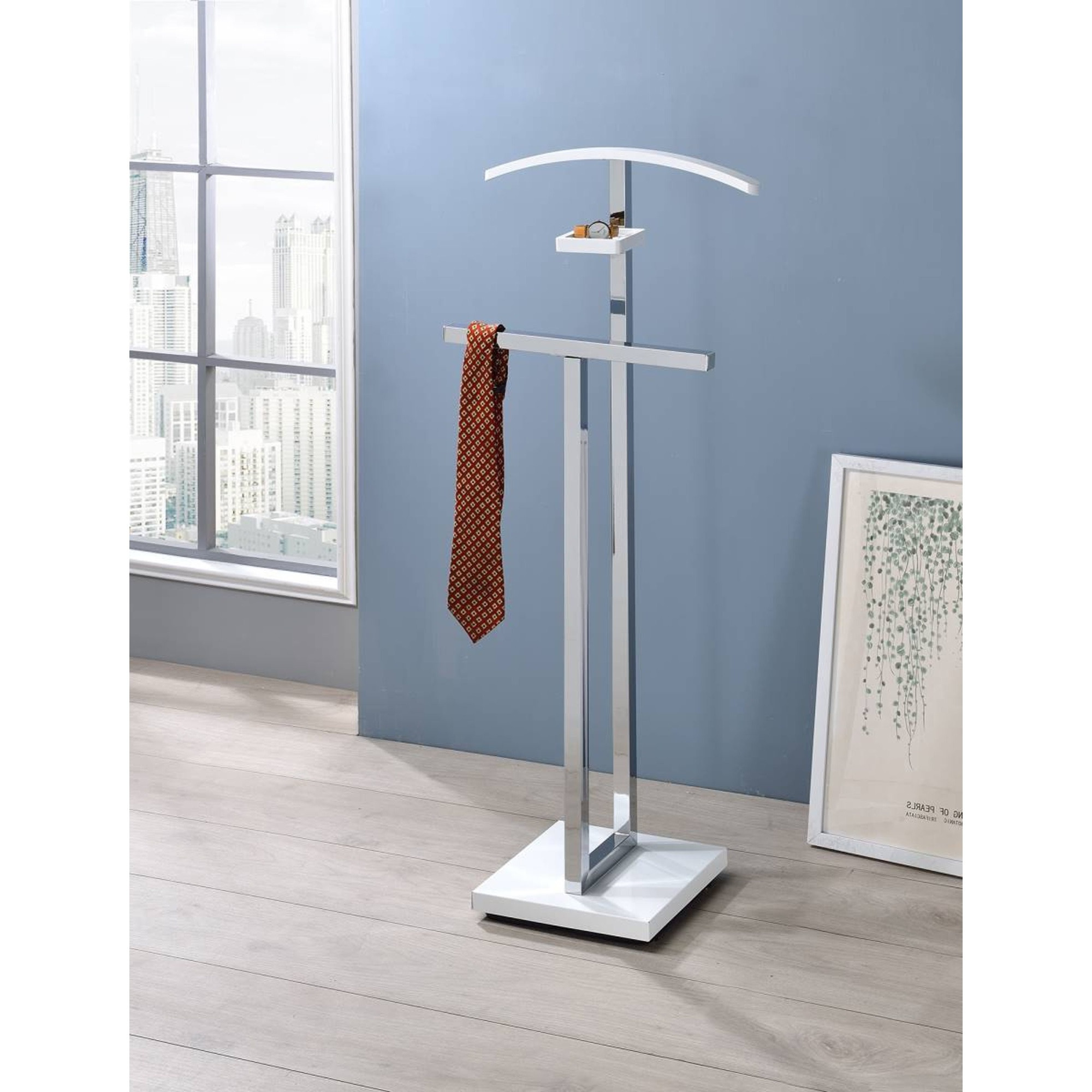 Westling Clothes Organizer Rack, Twin Suit Valet Stand, Chrome Metal & White Wood