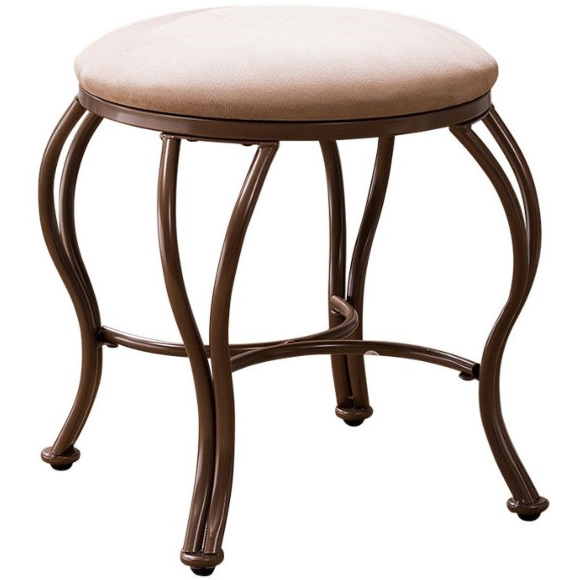 Namon Vanity Makeup Dressing Stool, Gold Metal Wavy Legs & Brown Upholstered Microfiber Seat, Transitional
