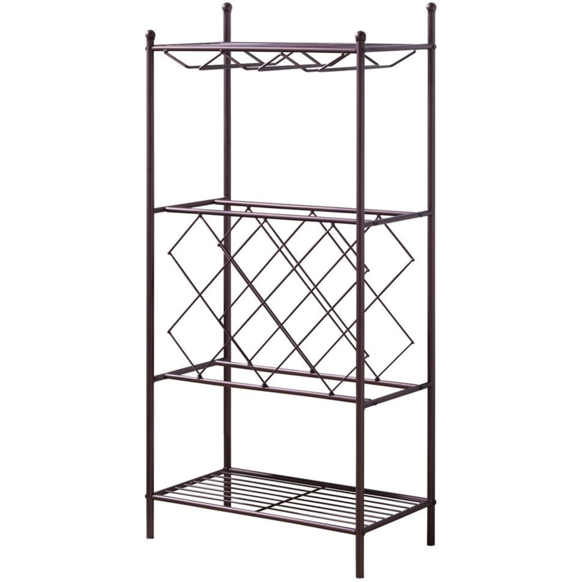 President Freestanding Wine Rack Stand, Bronze Metal, With 8 Bottle Holders, Glass Holder & Storage Shelves