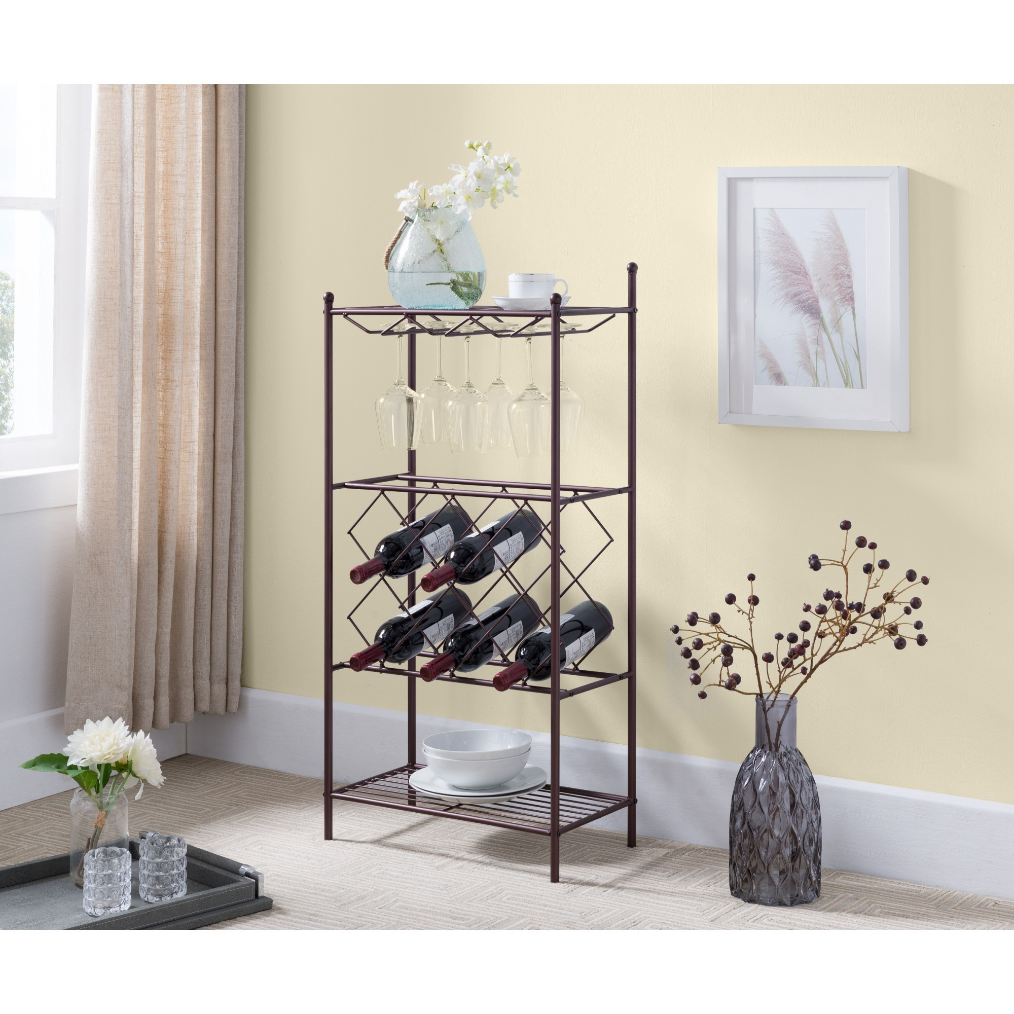 President Freestanding Wine Rack Stand, Bronze Metal, With 8 Bottle Holders, Glass Holder & Storage Shelves